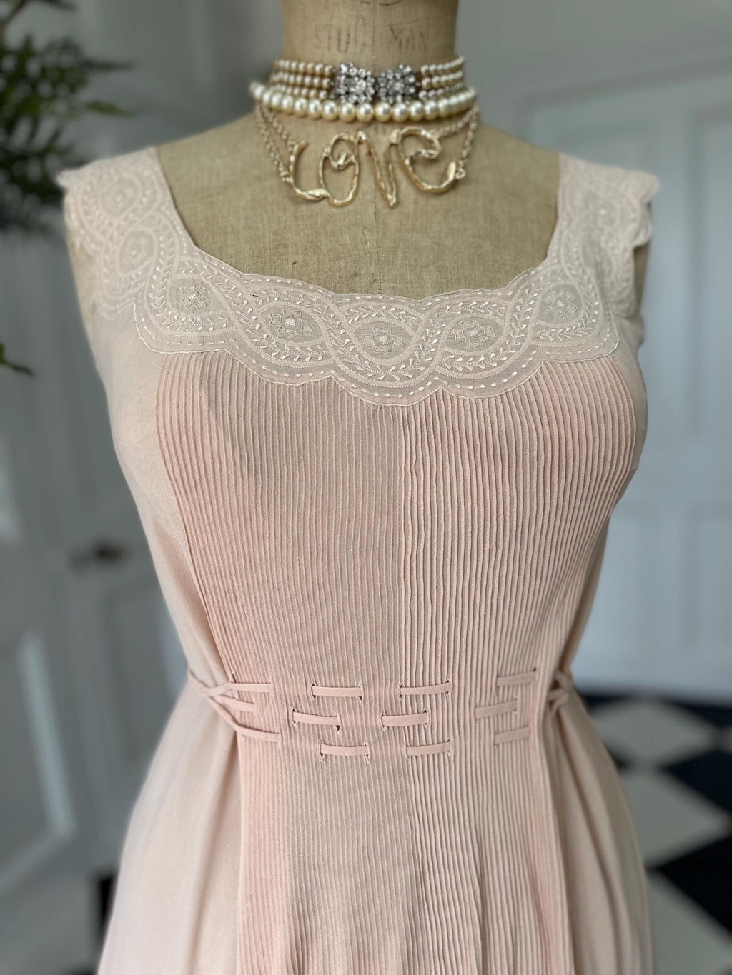 1930s Silk Crepe Gown: Hand-Embroidered Lace, Bias Cut Maxi Dress