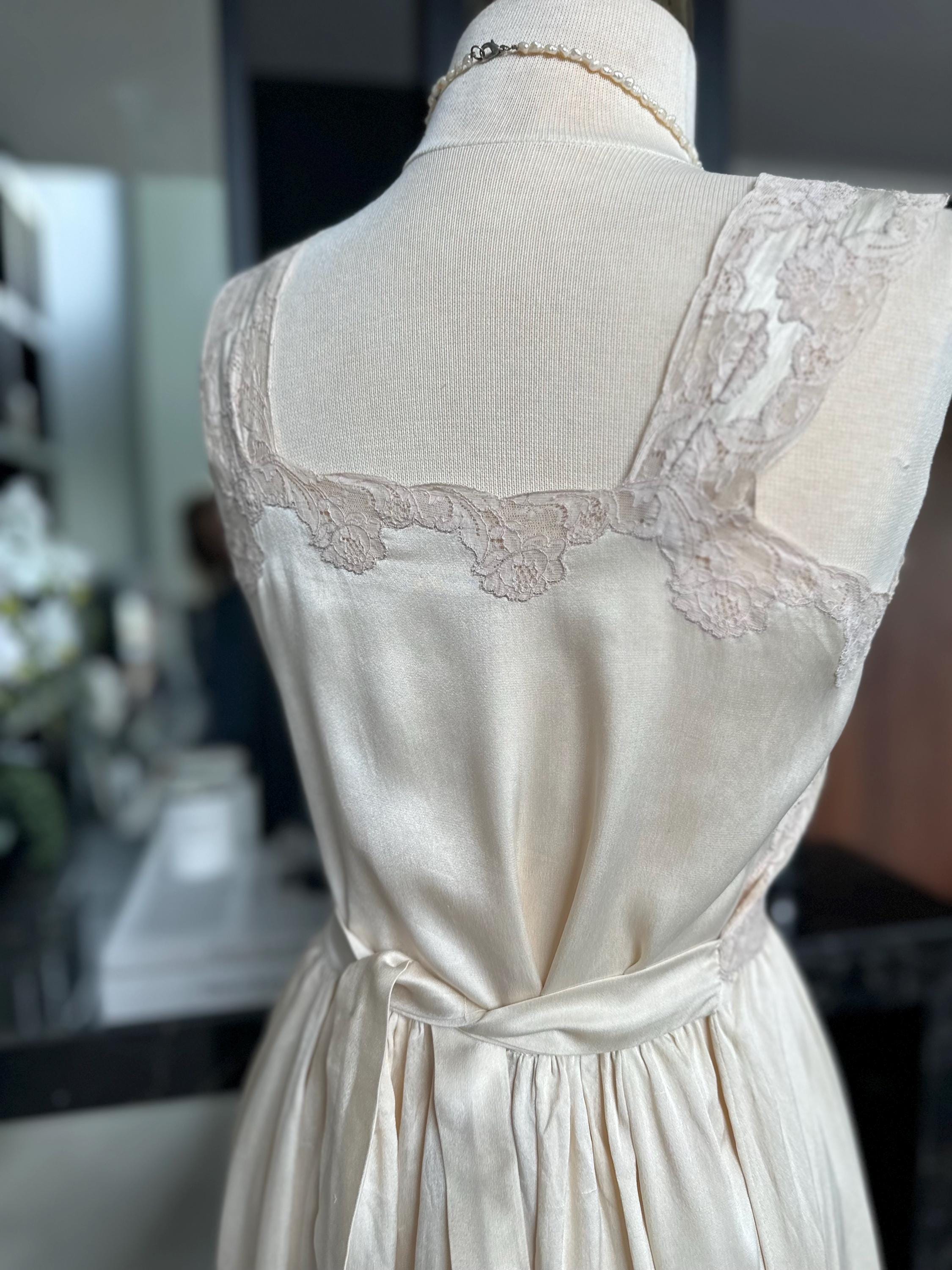 1930s Liquid Silk Maxi Gown: Antique Lace, Embroidery, Old Hollywood Style