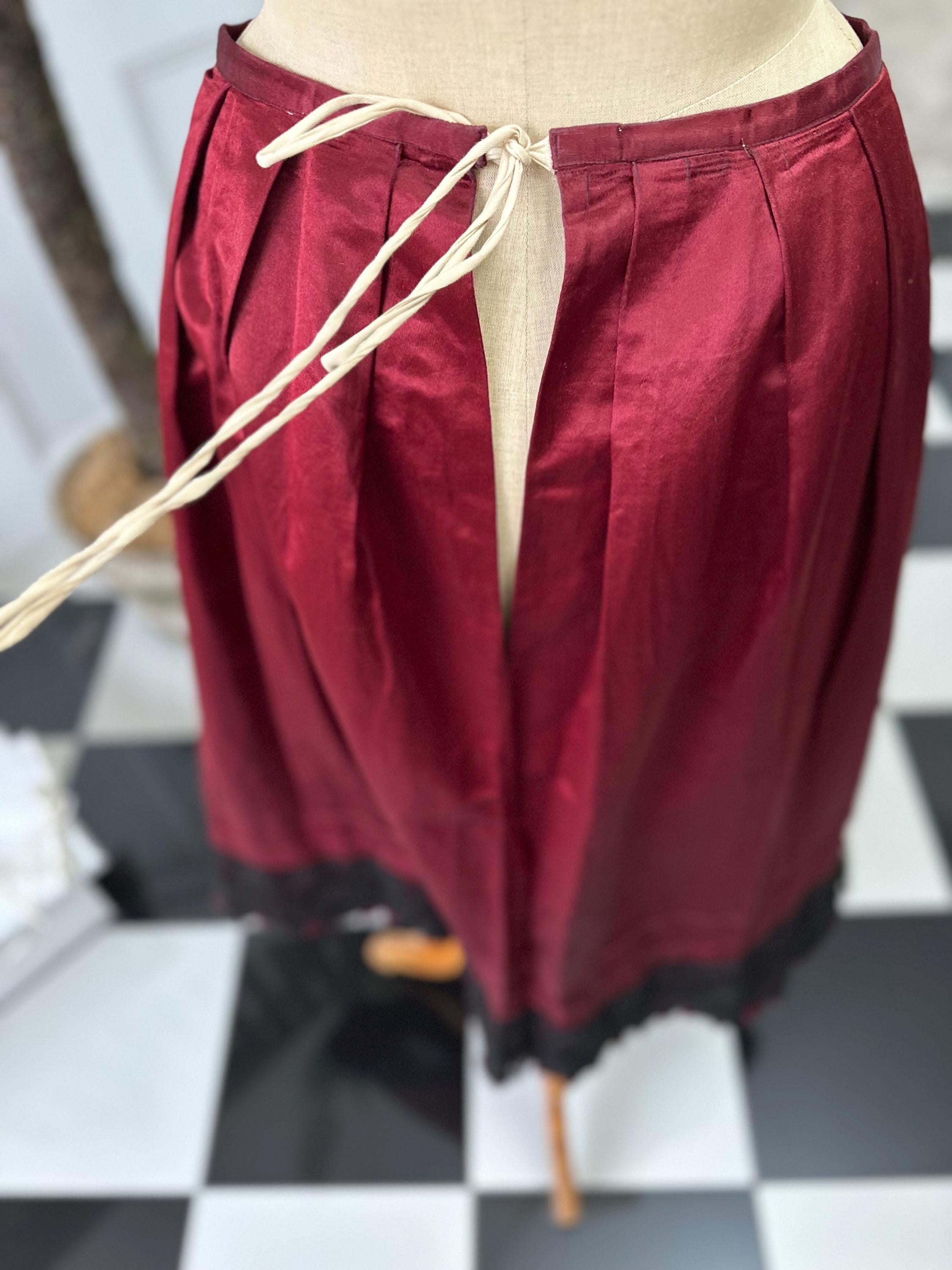 Victorian Dark Red Silk Satin Skirt  Elegant Black Lace Flounce
