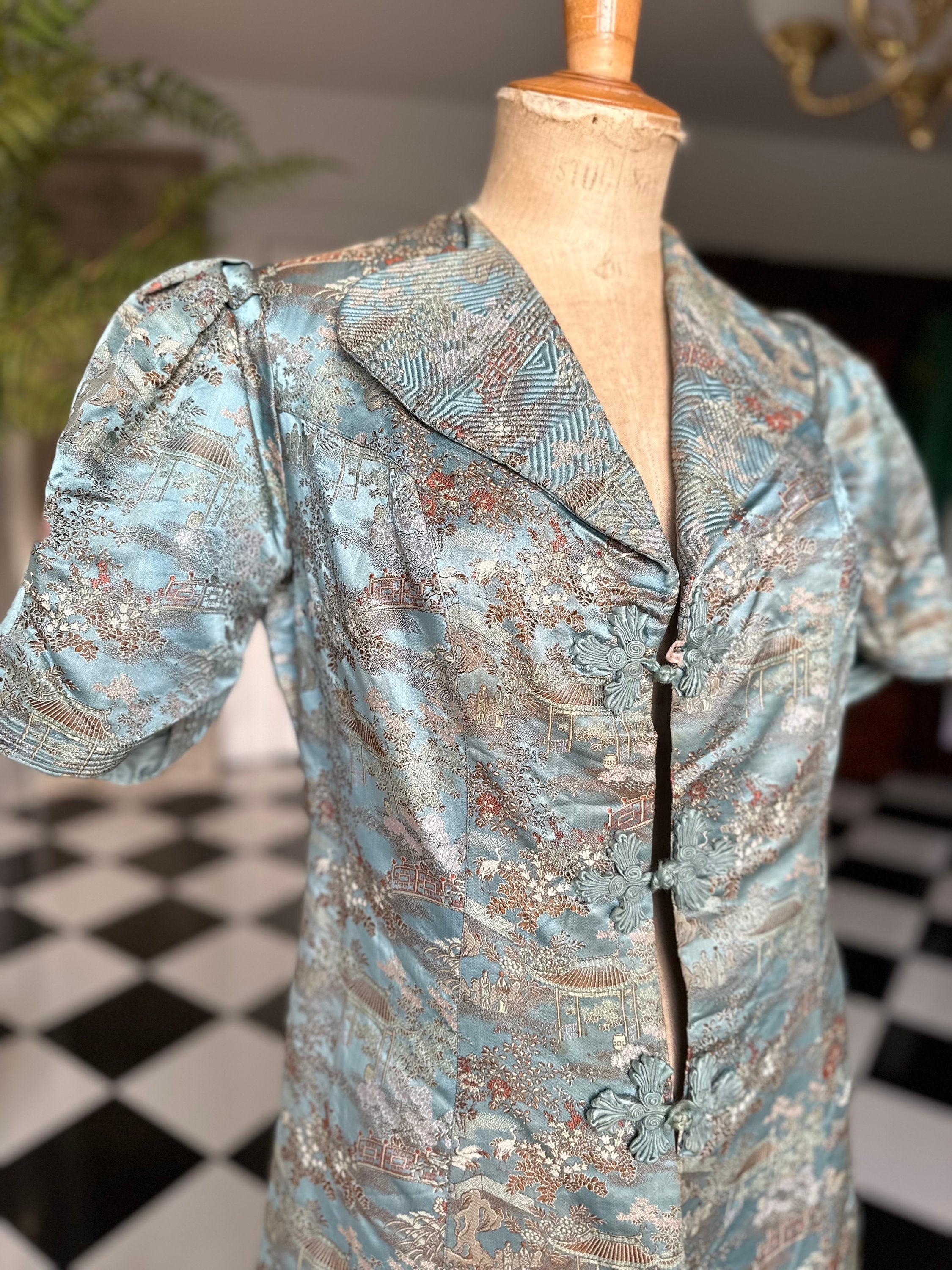 1930s Duck egg blue Silk Chinese robe house coat
