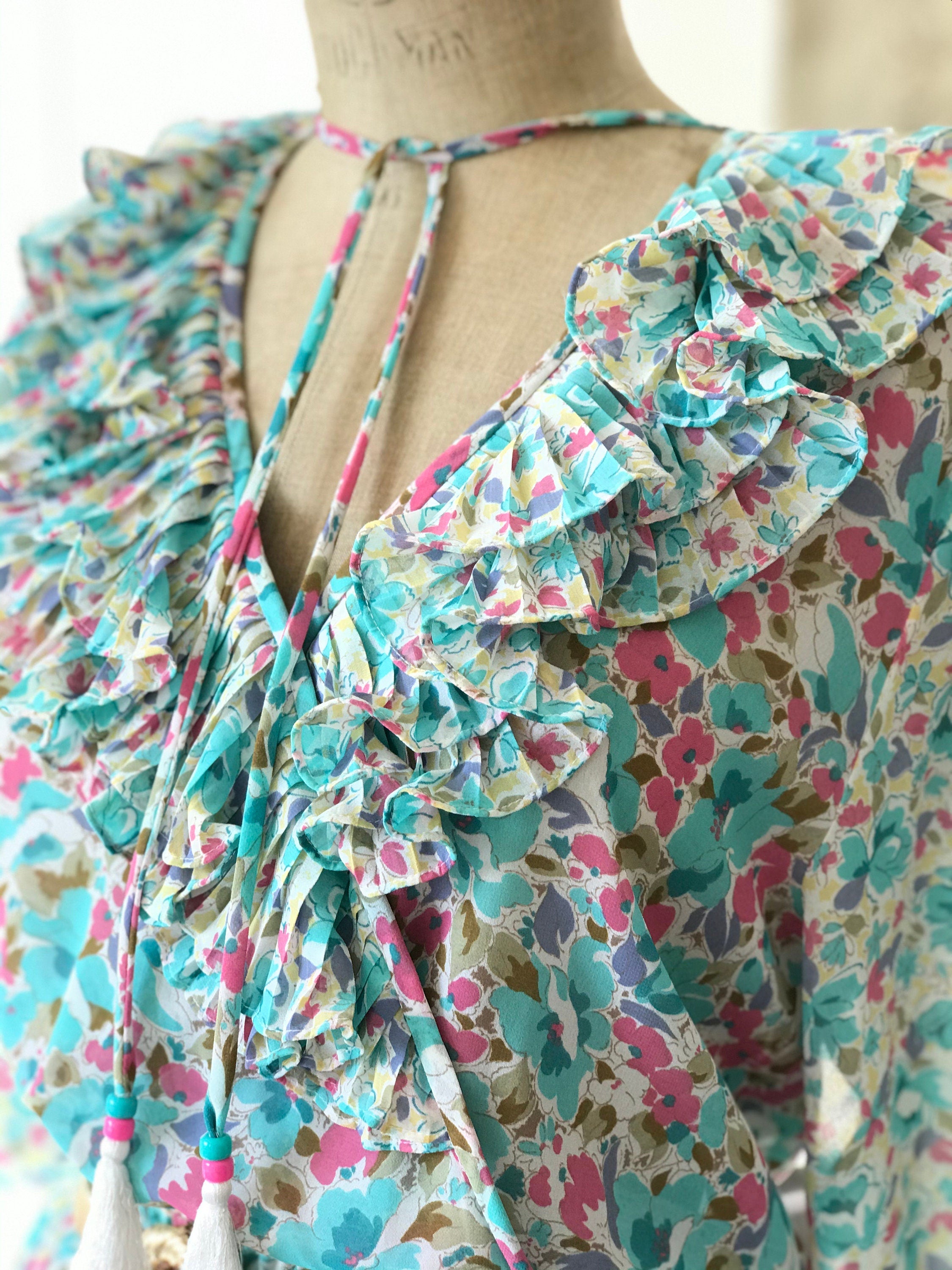 1970s 1980s Vintage long  summer dress with ruffle floral dress  label Diane Freis