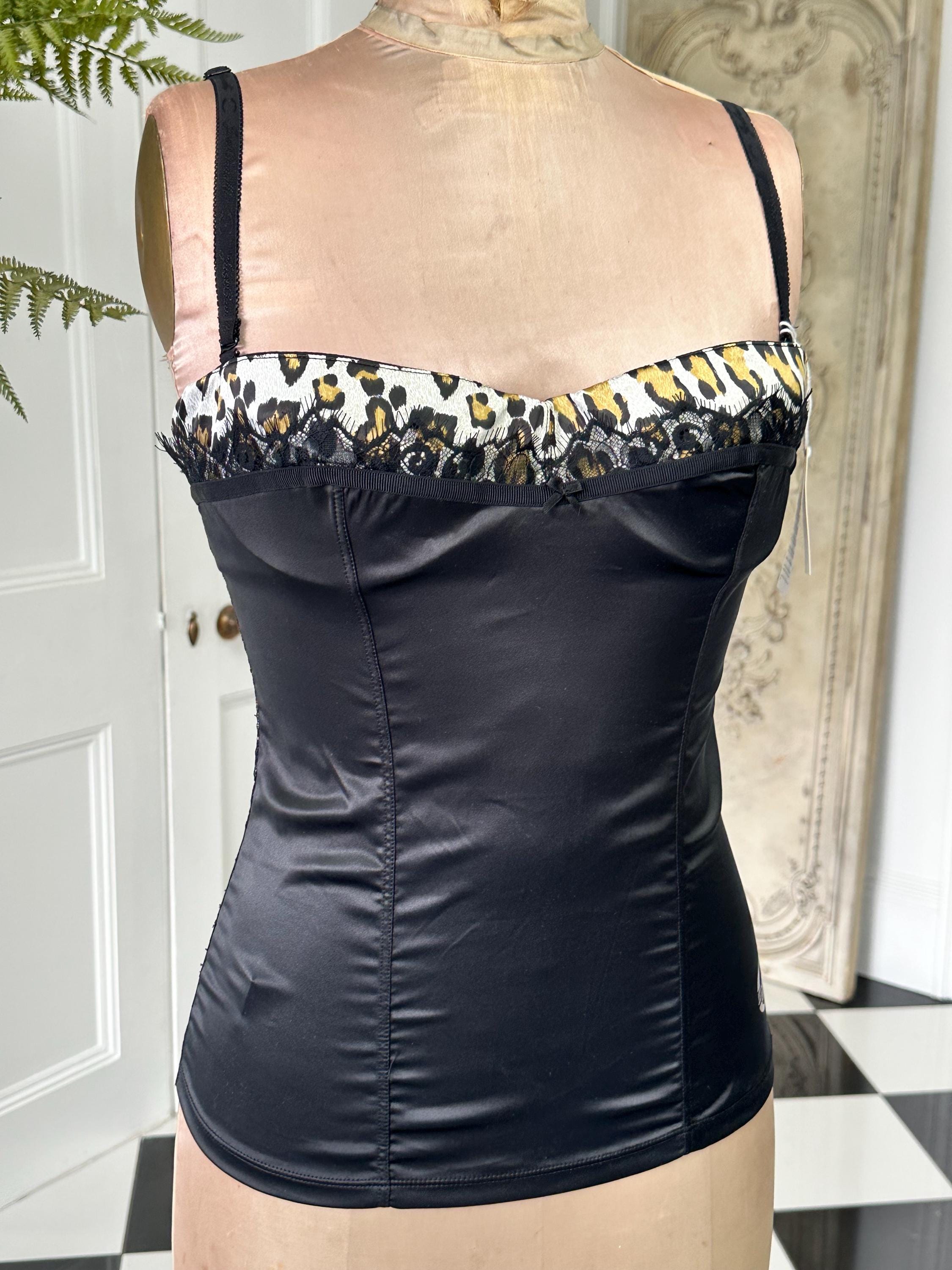 Just Cavalli Elegant Black satin and  Lace bustier with leopard trimming