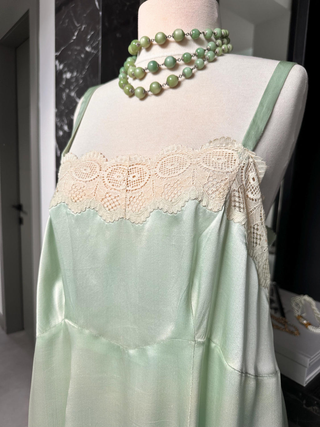 Antique 1930s Mint Green Silk Slip – Authentic Lace trimming
