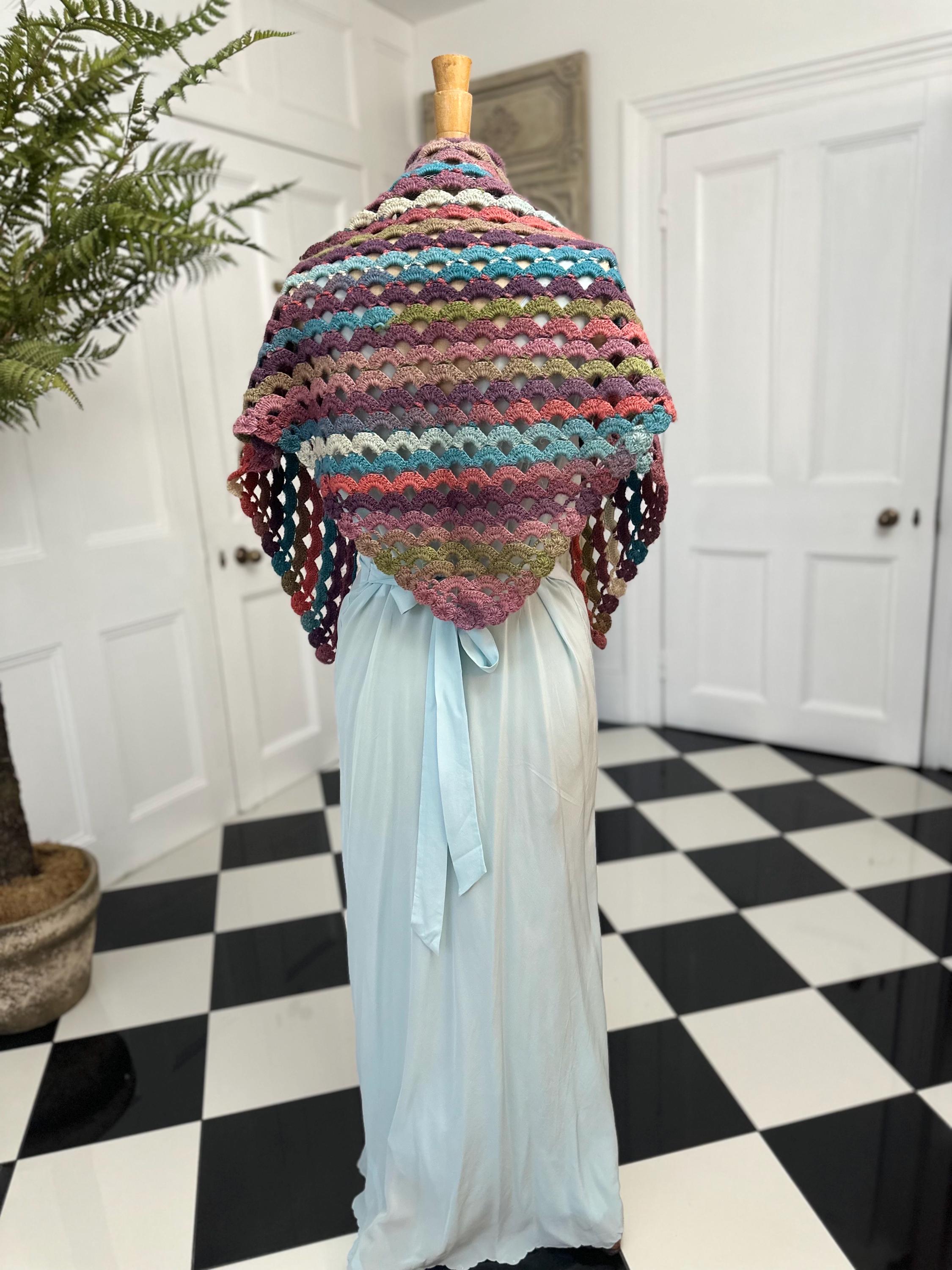 1970s Vintage hand knitted multi coloured shawl