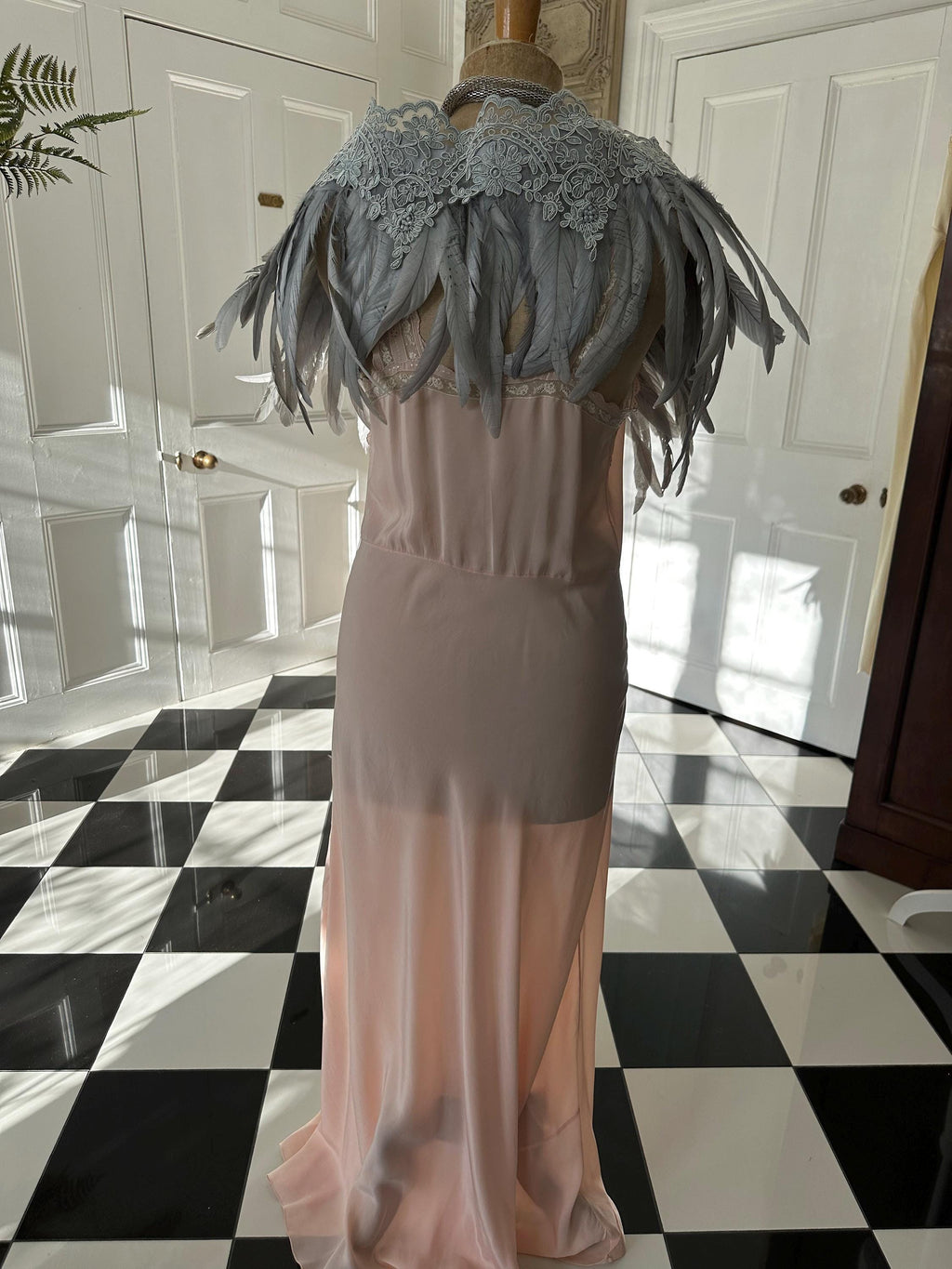 1920s 1930s Vintage style grey feather and lace cape bolero