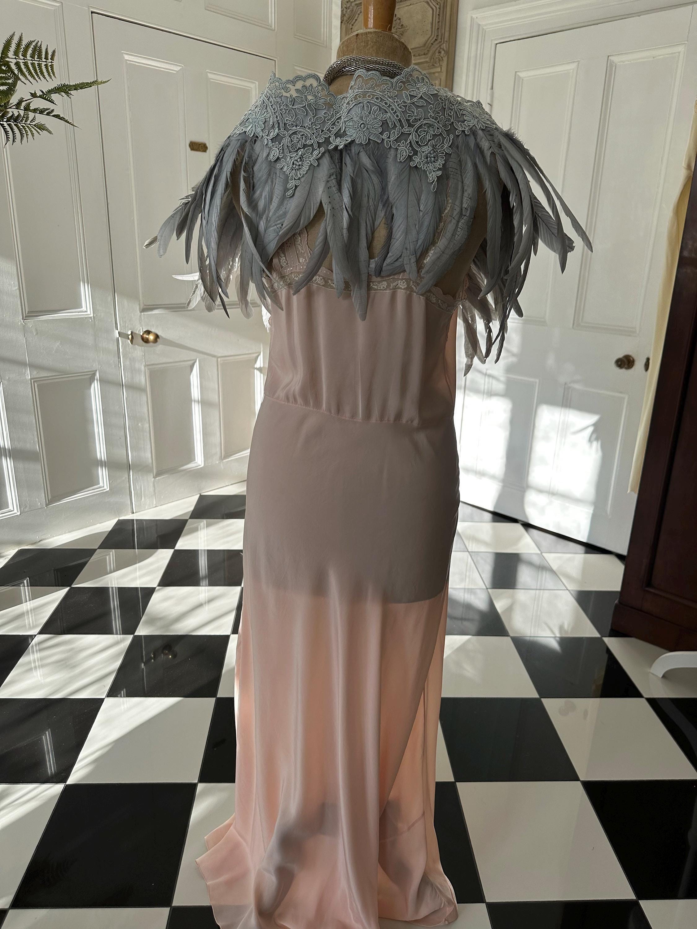 1920s 1930s Vintage style grey feather and lace cape bolero