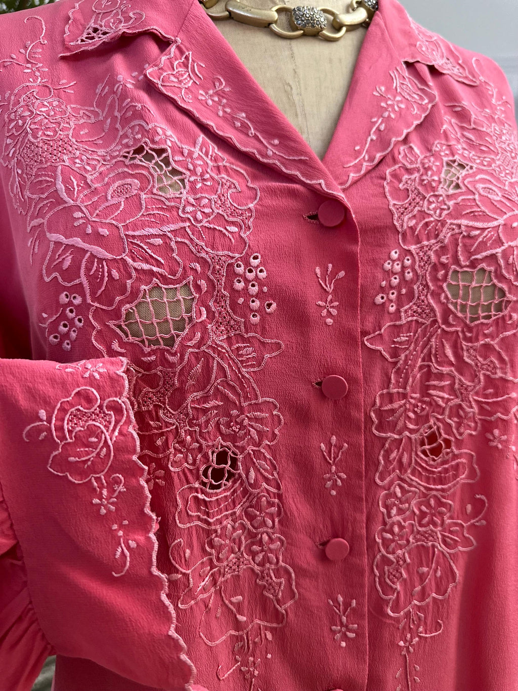 Vintage rose pink hand embroidery long sleeve blouse  large Uk 14 to Uk 16