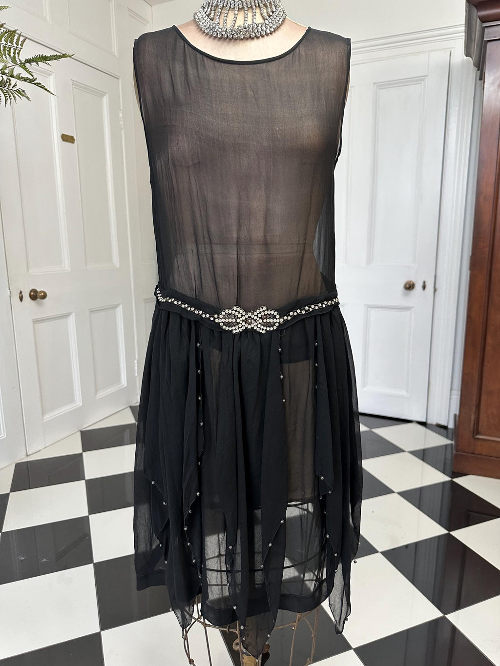 1920s Black sheer dress with diamond waistline details