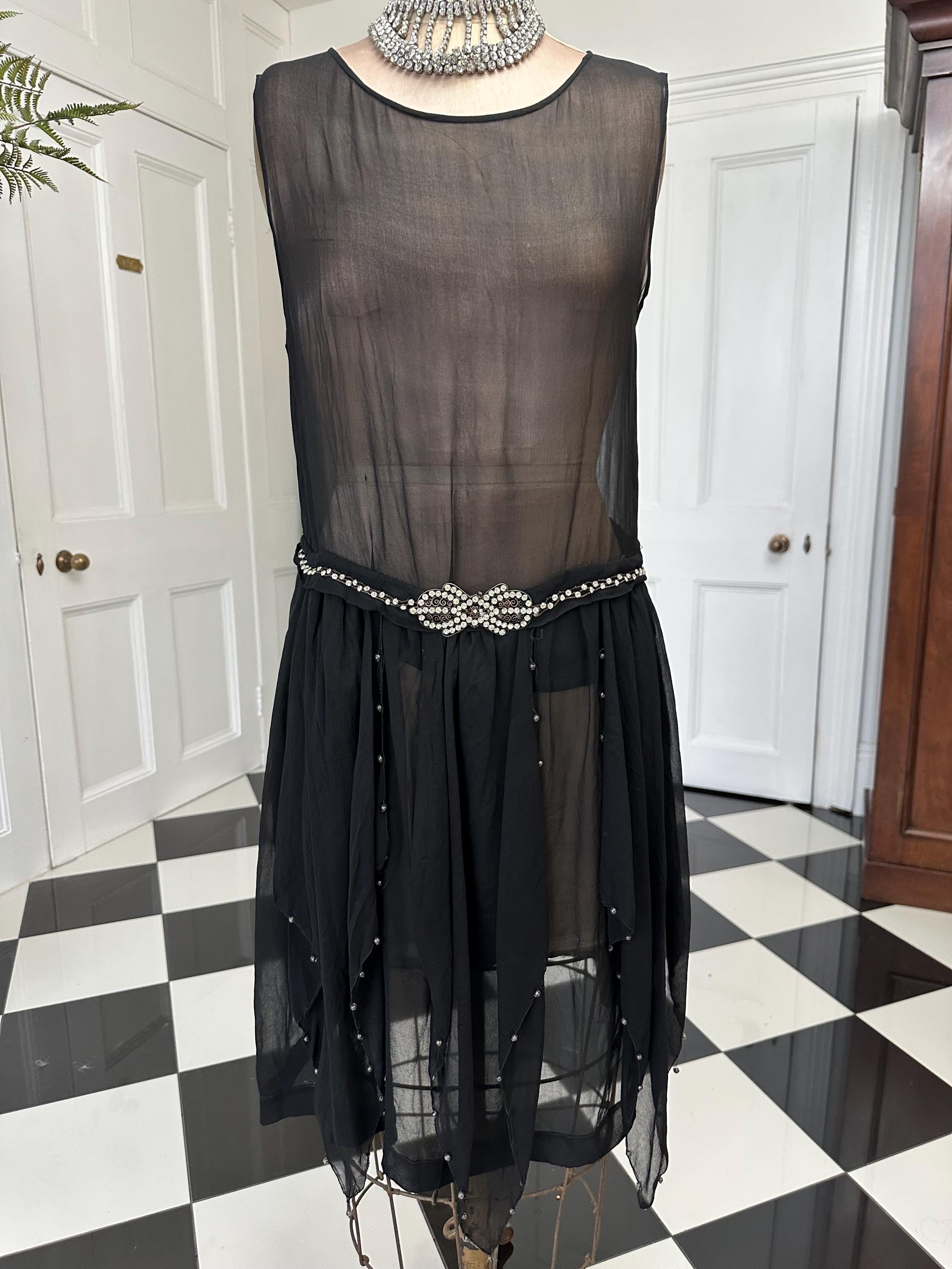 1920s Black sheer dress with diamond waistline details