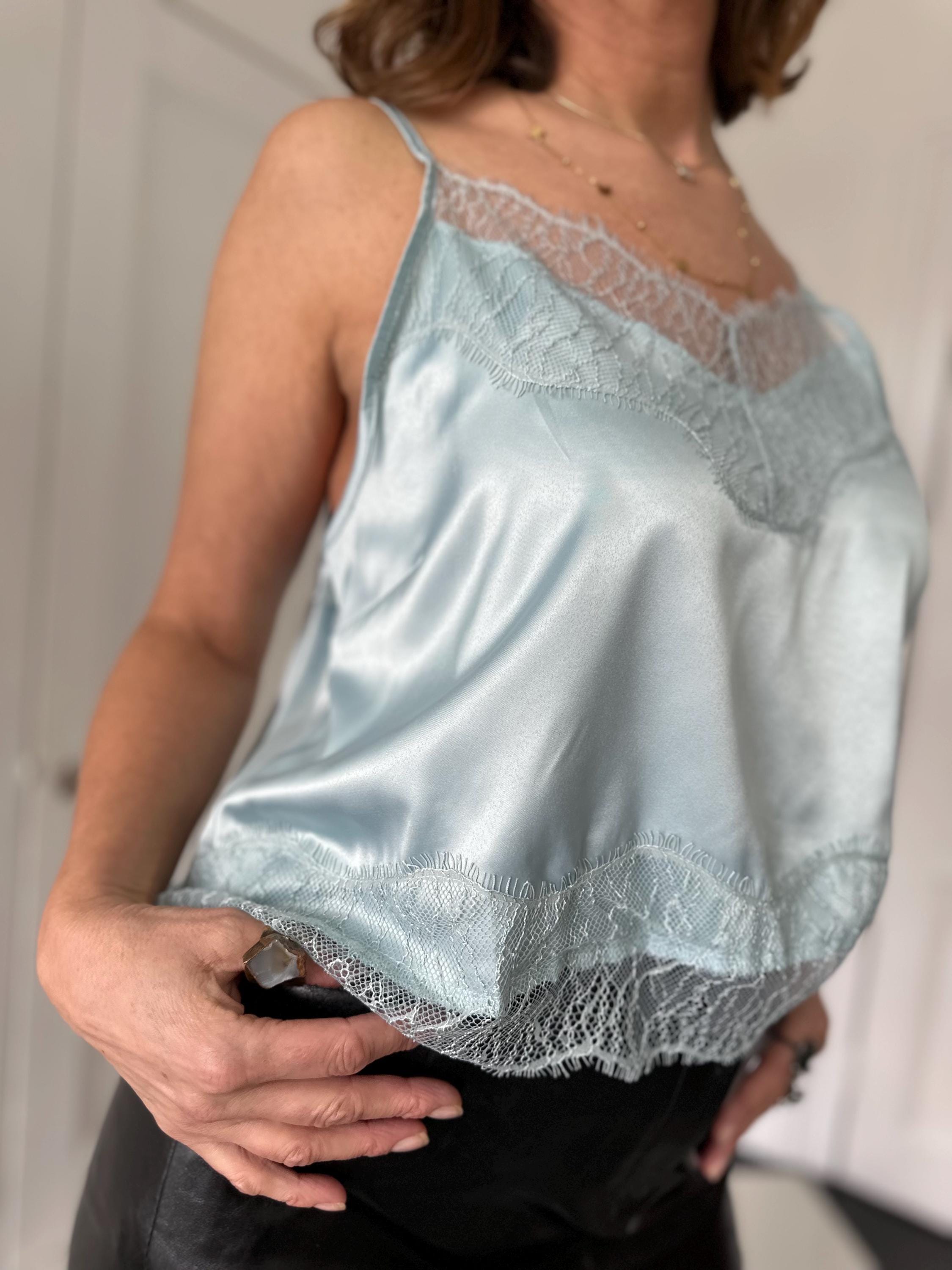 Vintage duck egg blue camisole with romantic lace