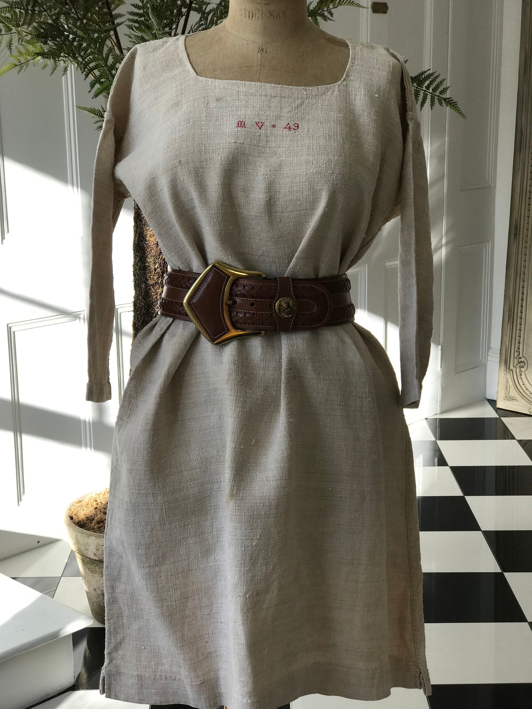 French 1800s Rustic farmers shirt dress hemp linen with monogram MV 49