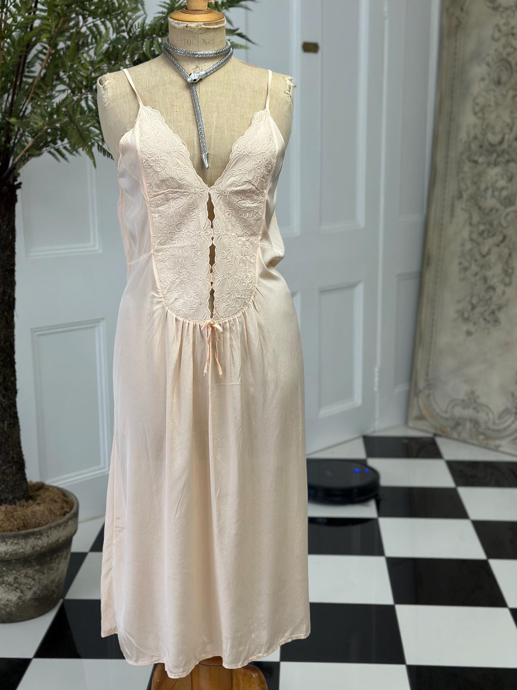 Vintage 1970s Peach Strappy Slip Dress with Heavy Embroidery