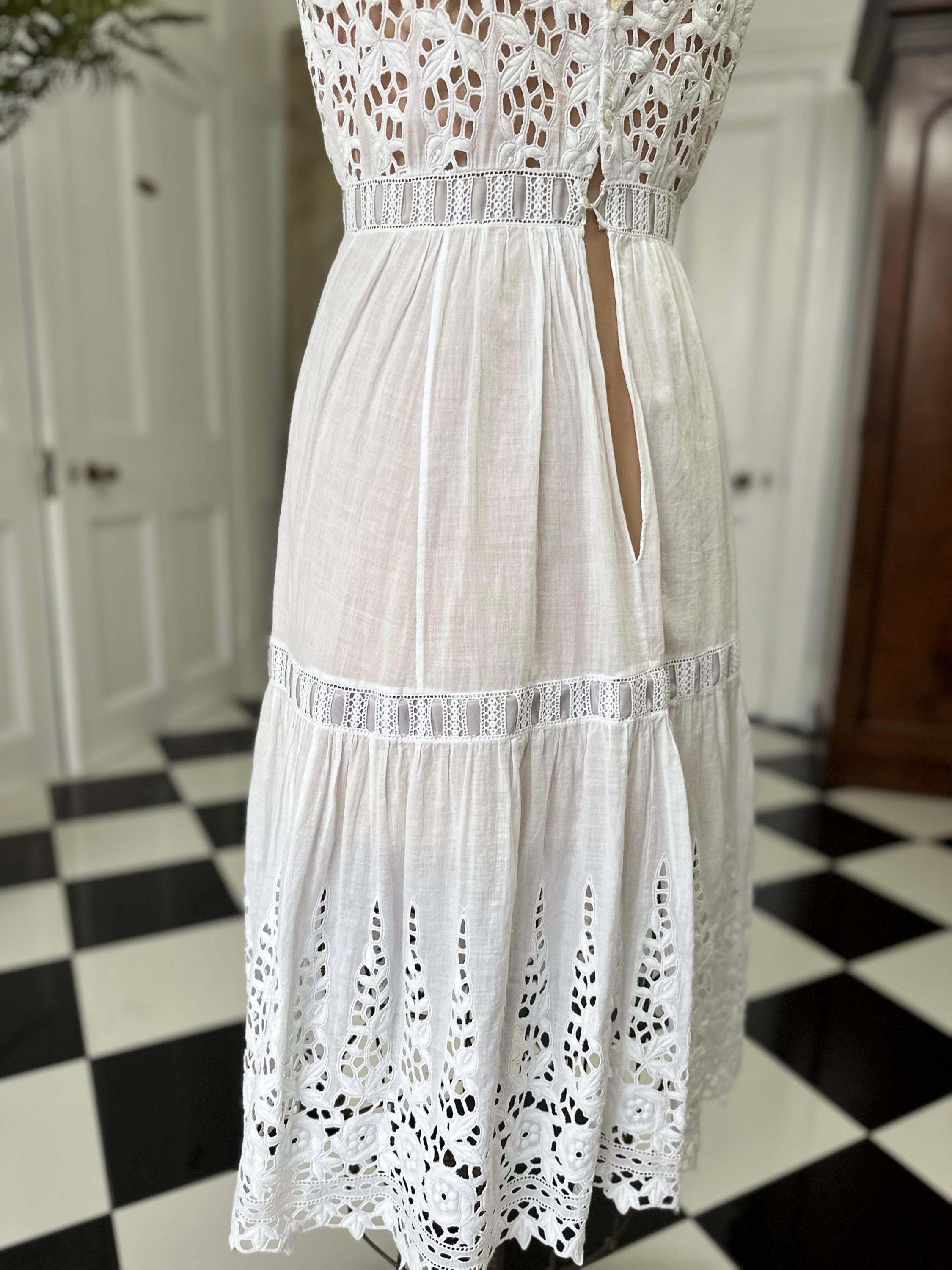 1910s Edwardian white embroidered lace  under dress with grey ribbon details
