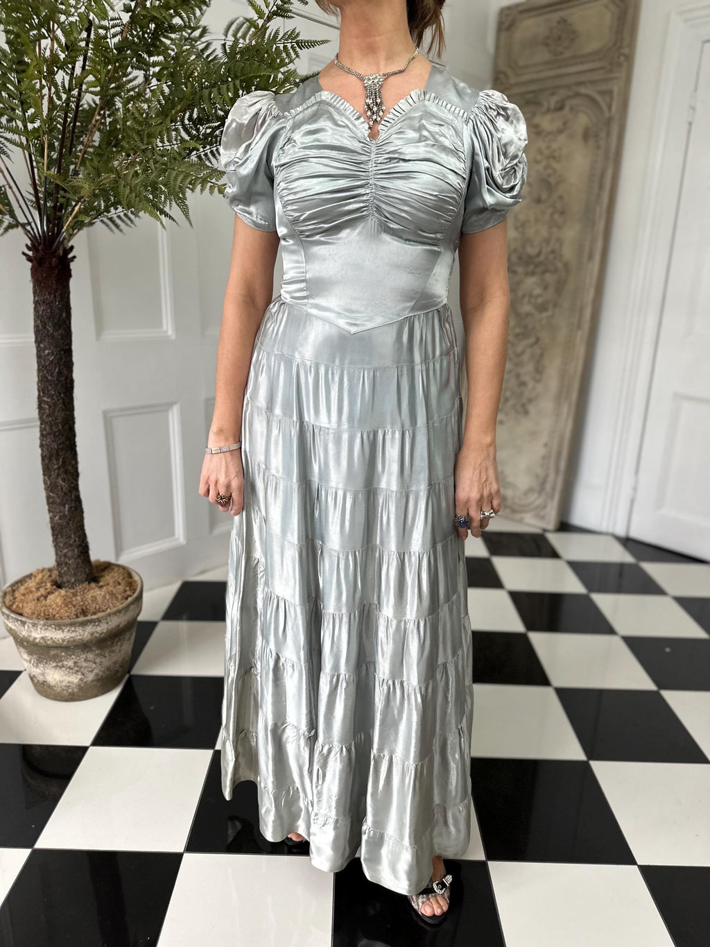 1930s long satin grey evening gown dress