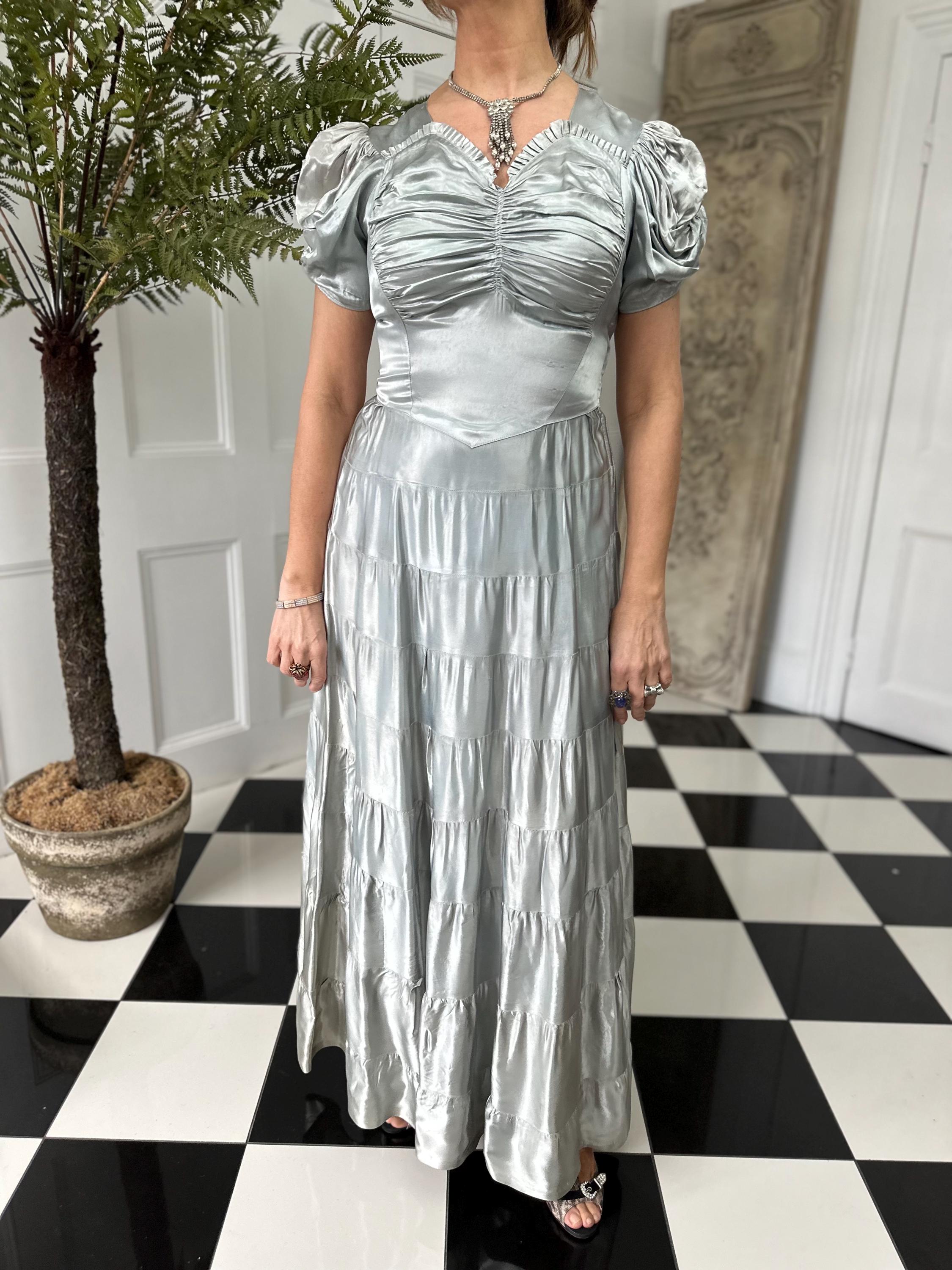 1930s long satin grey evening gown dress