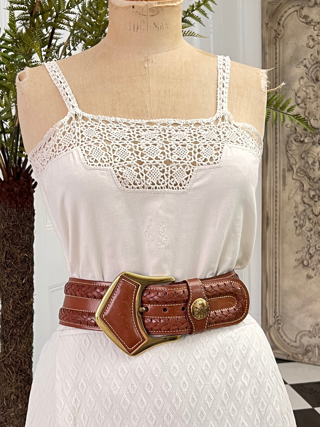 Antique 1800s underdress garment with crochet and quilted skirt monogram AE
