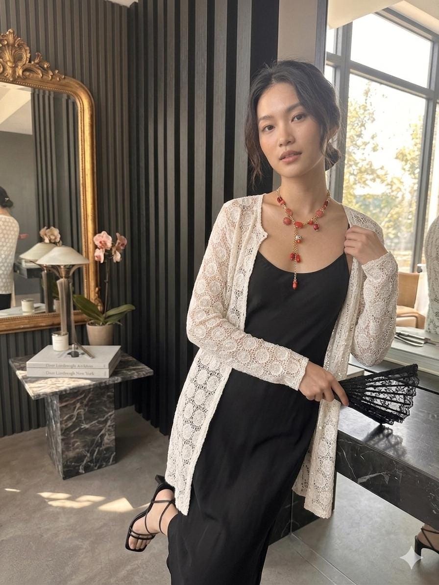 Hand Crocheted White Cardigan – Boho Medallion Lace Jacket, Cotton Blend Summer Knitwear