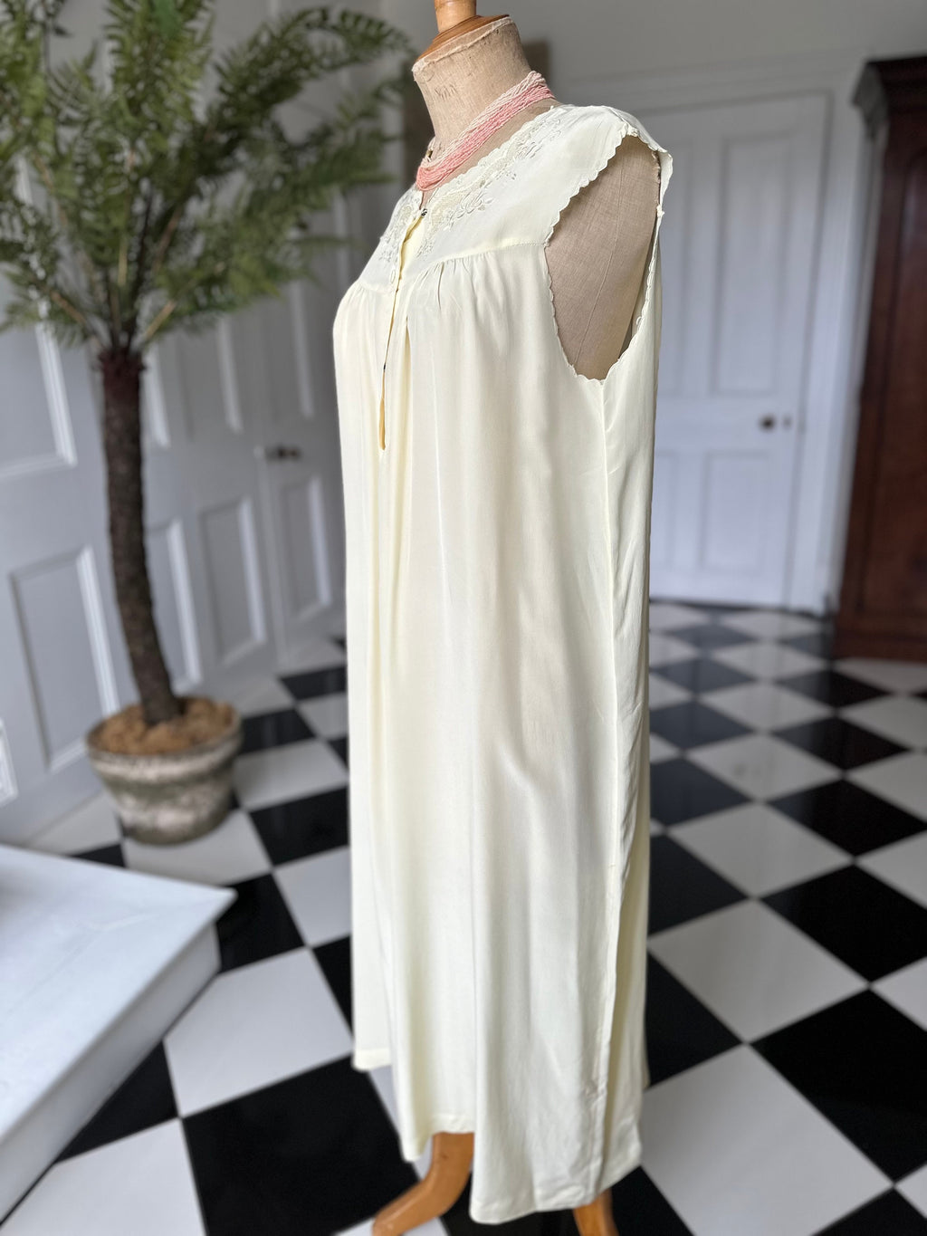 Vintage cream silk smock style long slip dress with hand embroidery