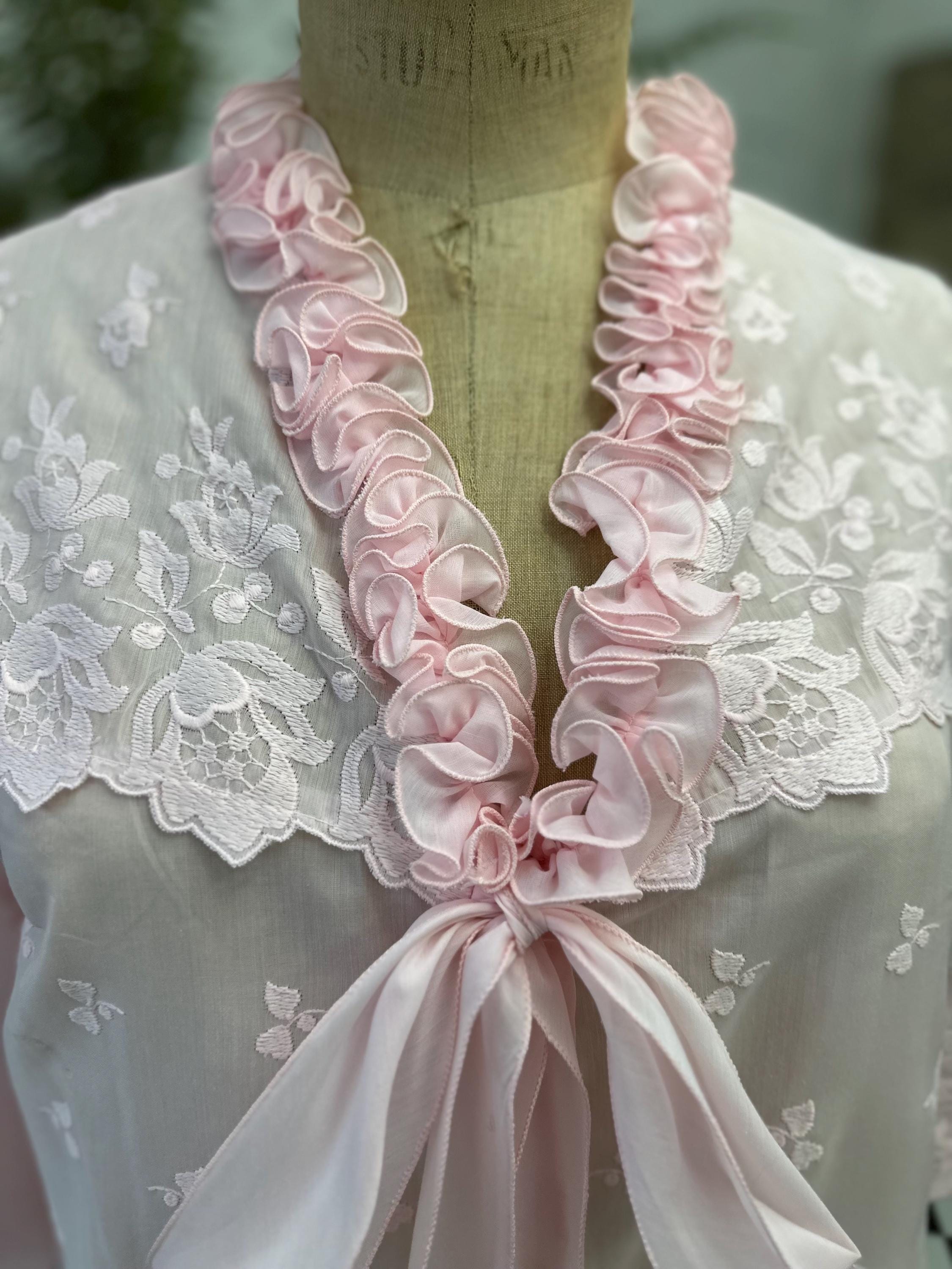 Vintage 1970 Pink Babydoll Gown Playful Ruffles Floral Embroidery