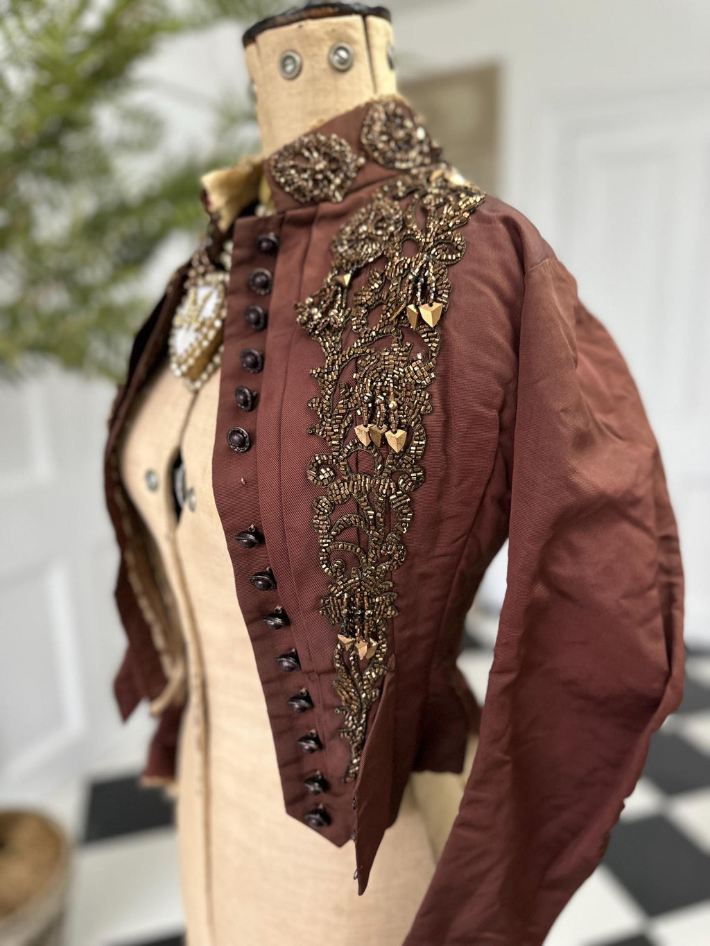 1880s French Silk Bodice: Bronze Brown Glass Beaded Embellishments