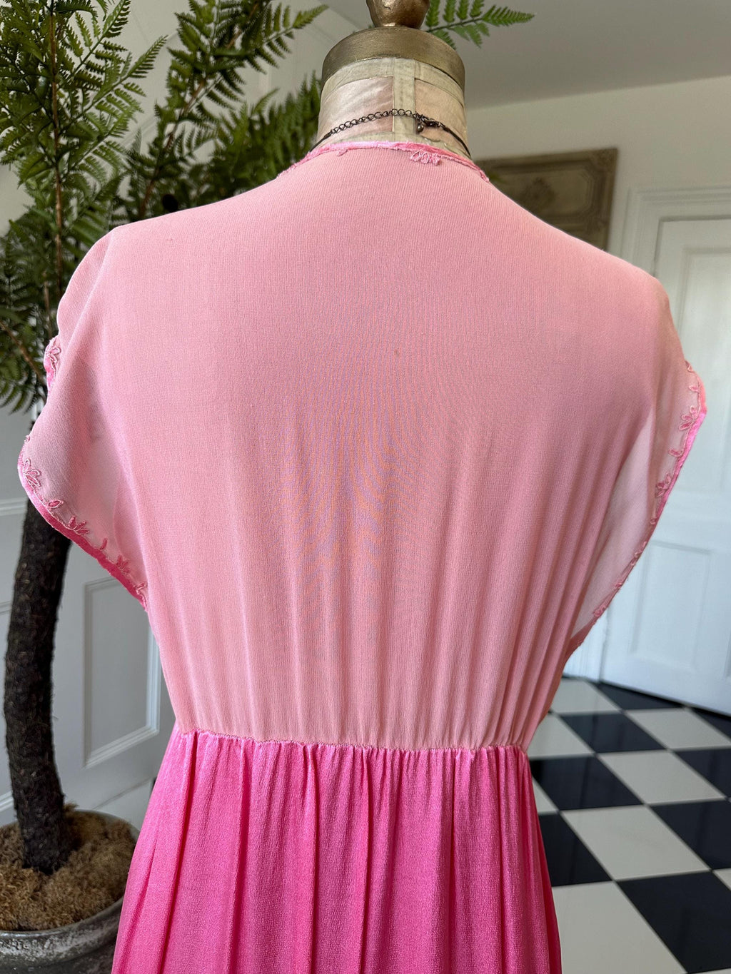 1940s silk satin and chiffon hot pink hand embroidered slip dress