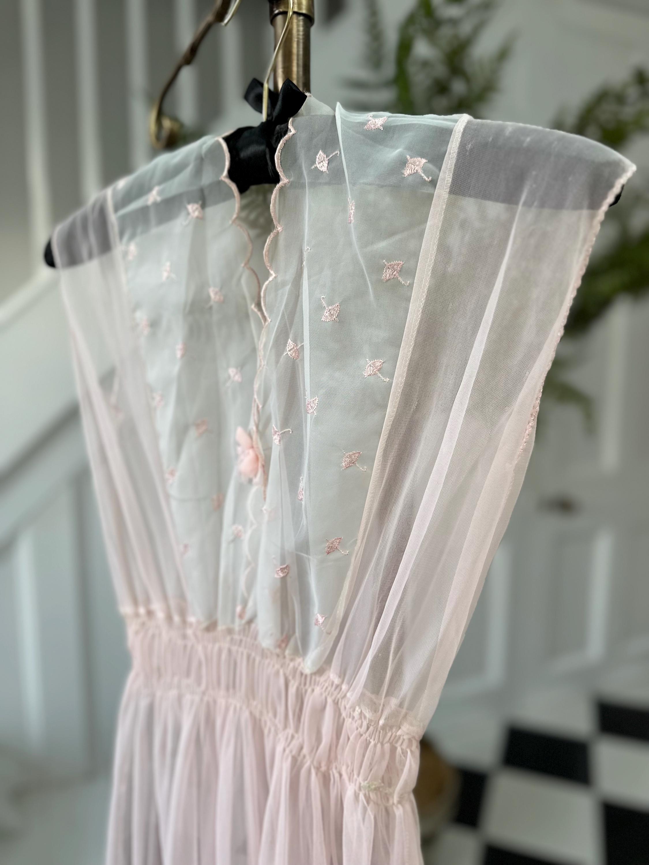 1970s Vintage baby pink sheer long negligee slip dress