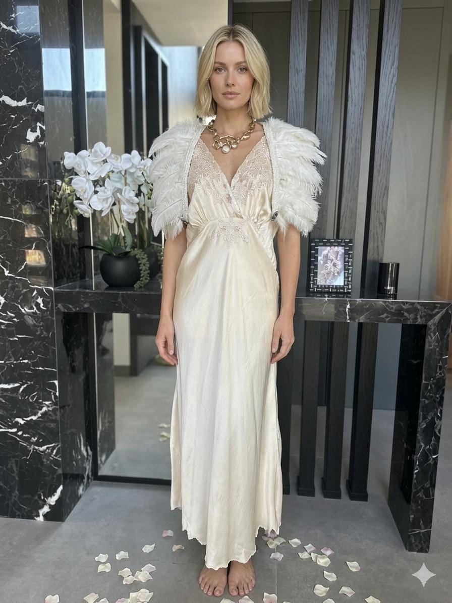 1920s 1930s vintage style feather cape with embellished in cream white  cape shawl