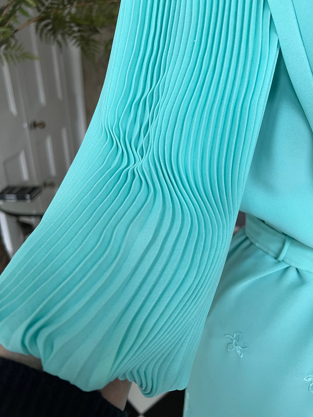 1980s Turquoise Pleated Dress: Vintage Embroidered Hem