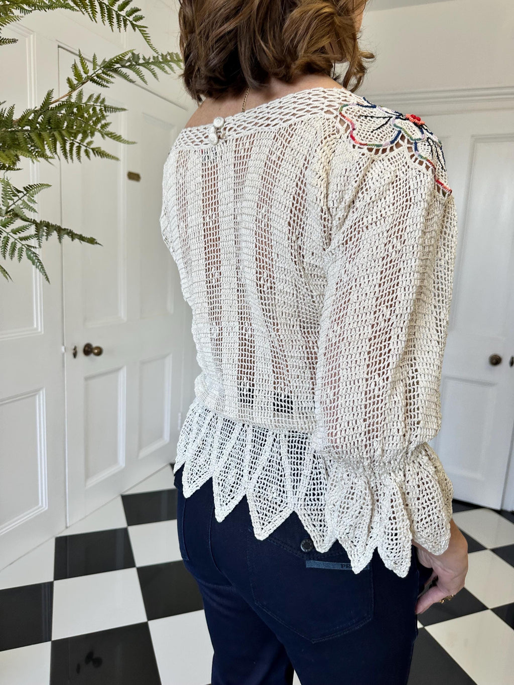 Vintage 1970 hand crochet floral lace blouse
