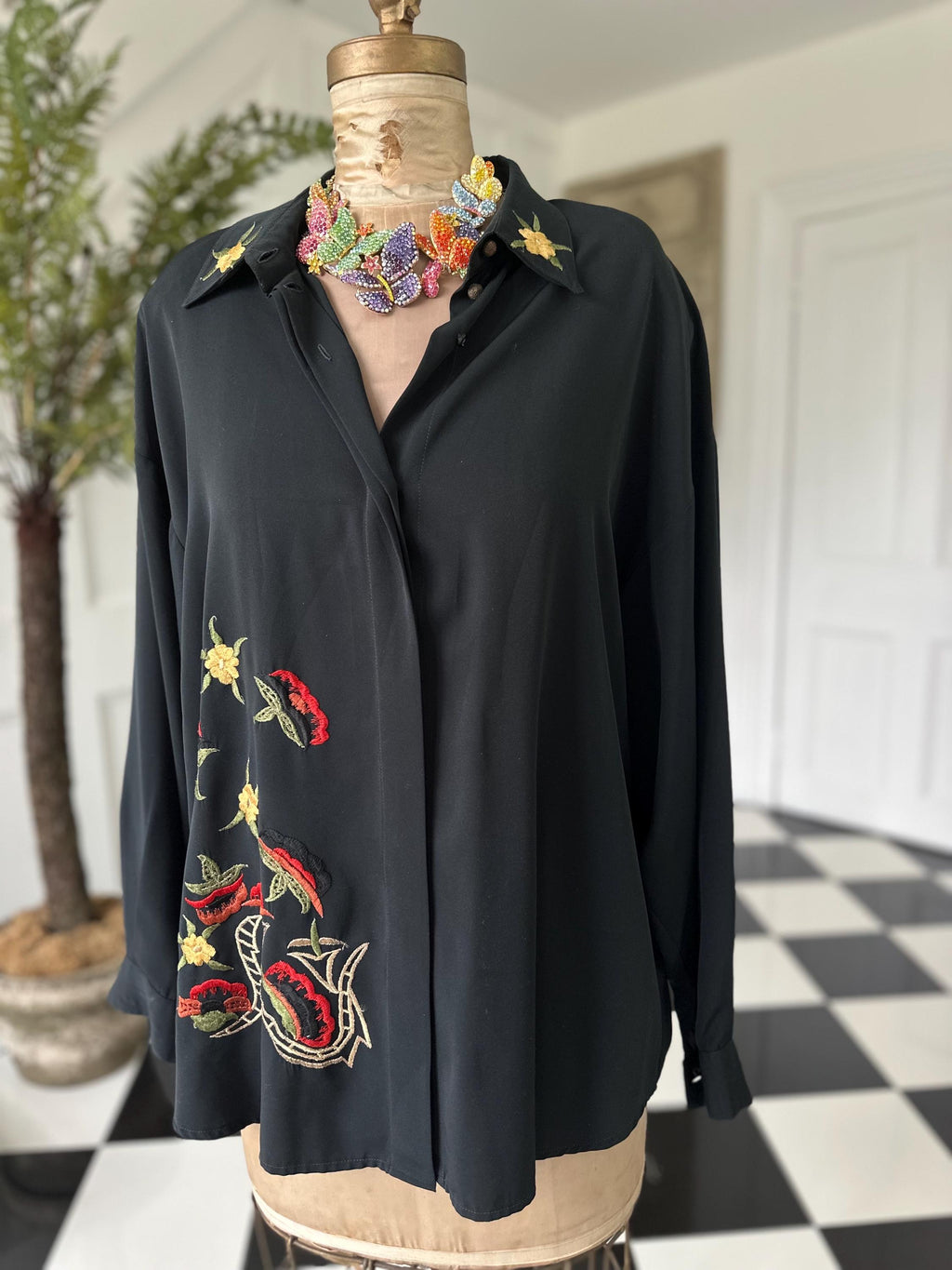 Vintage 1980s Black Long Sleeve Blouse with Embroidered Collar