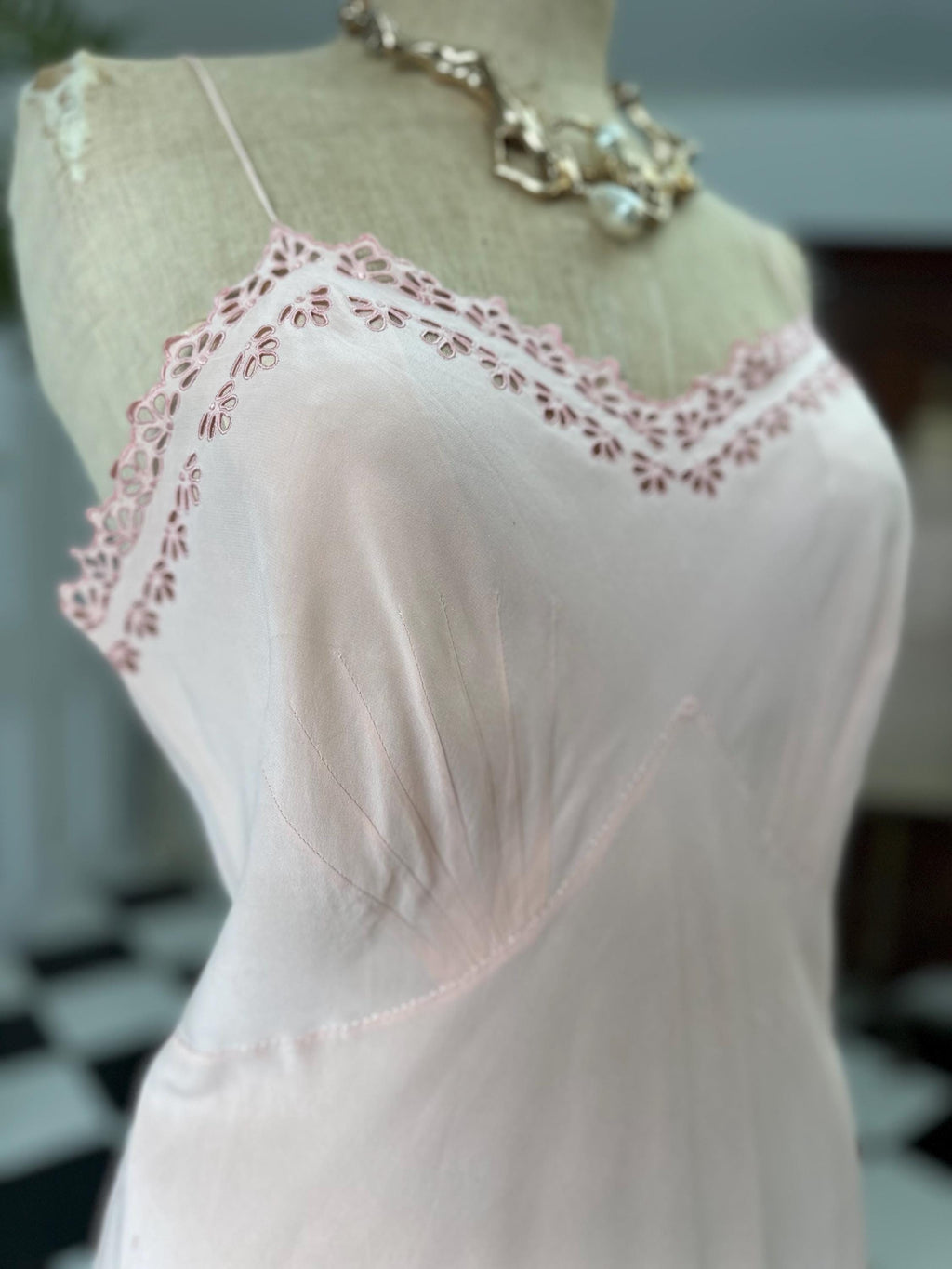 1930 silk slip dress with cutout lace details