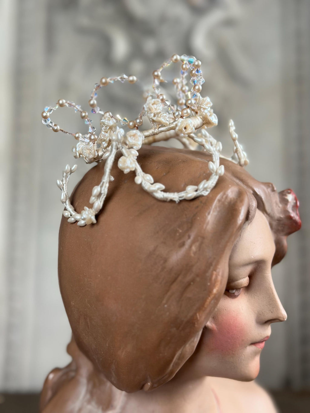 Charming Floral Wax Tiara with Crystal Accents 1930s 40s