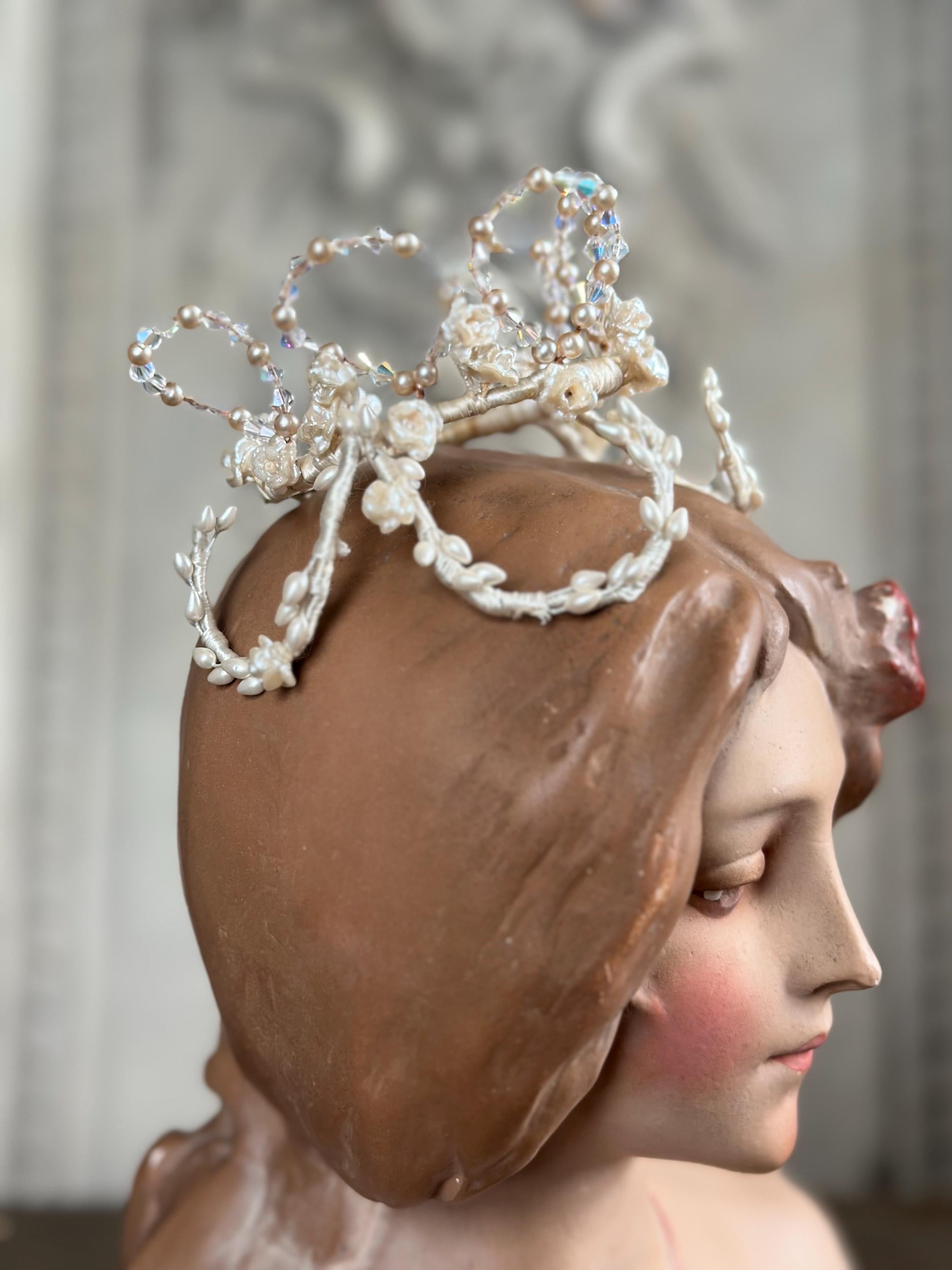 Charming Floral Wax Tiara with Crystal Accents 1930s 40s