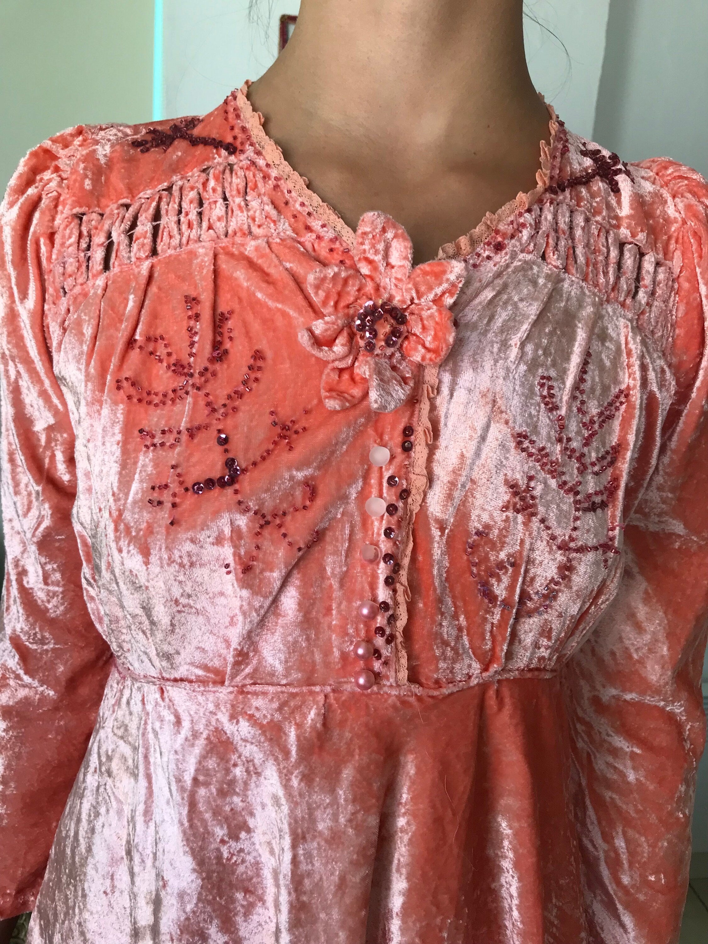 1940s Peach silk velvet dress