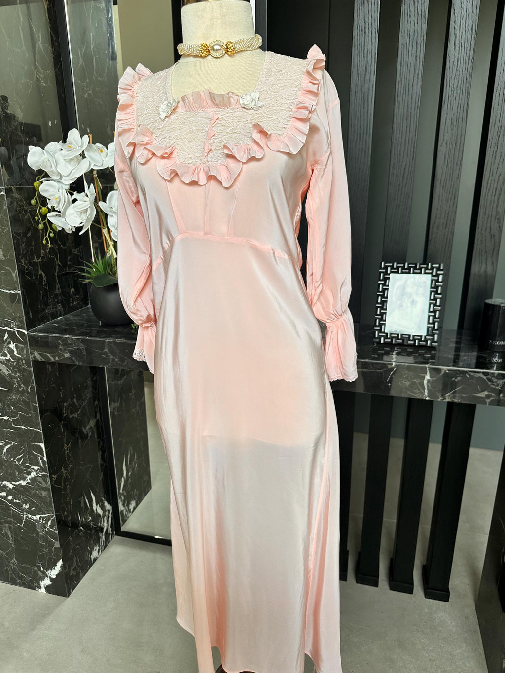 Vintage 1940s Pink Rayon Maxi Dress – Lace Ruffle Bodice, Victorian Sleepwear Gown