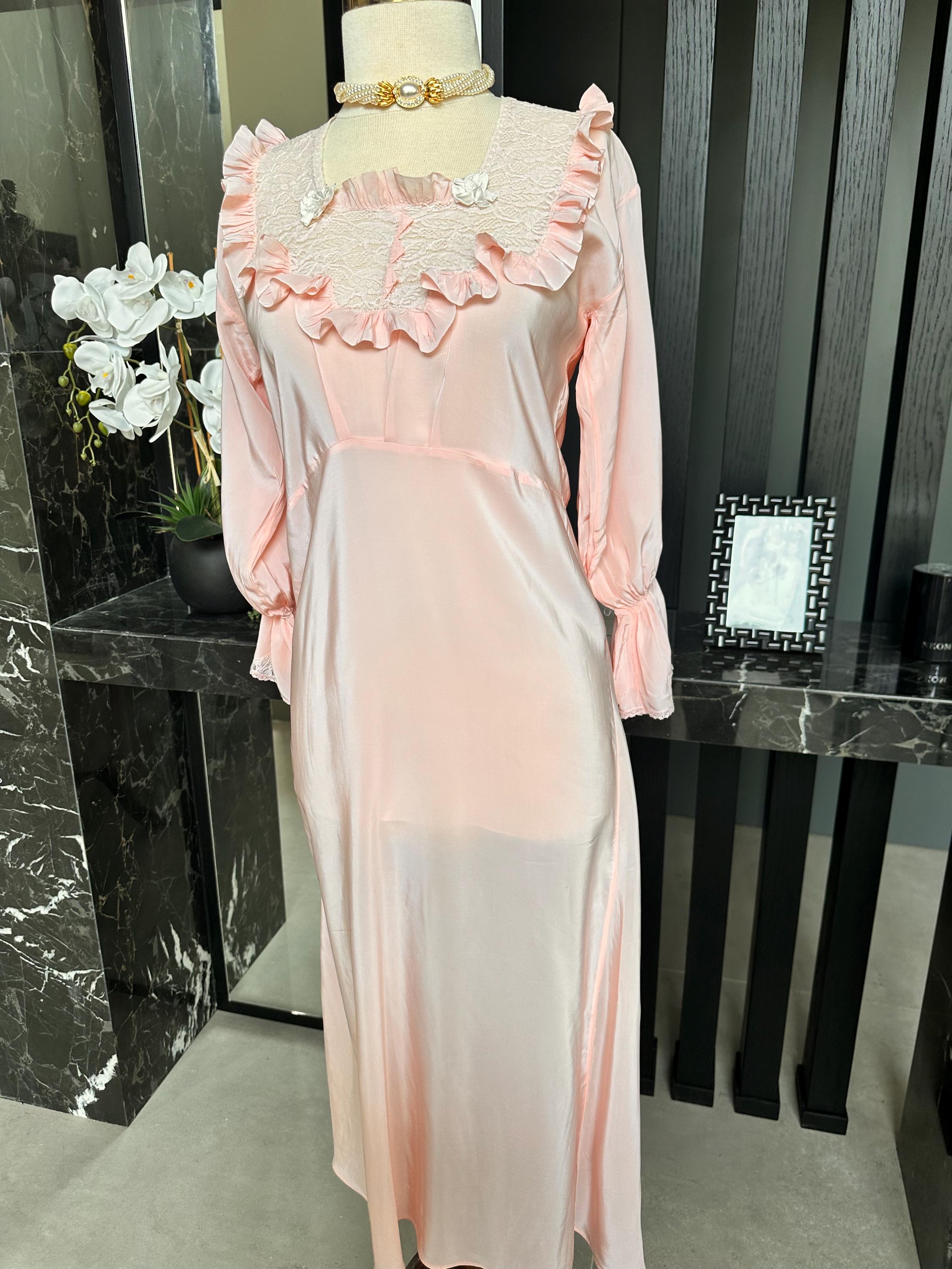 Vintage 1940s Pink Rayon Maxi Dress – Lace Ruffle Bodice, Victorian Sleepwear Gown