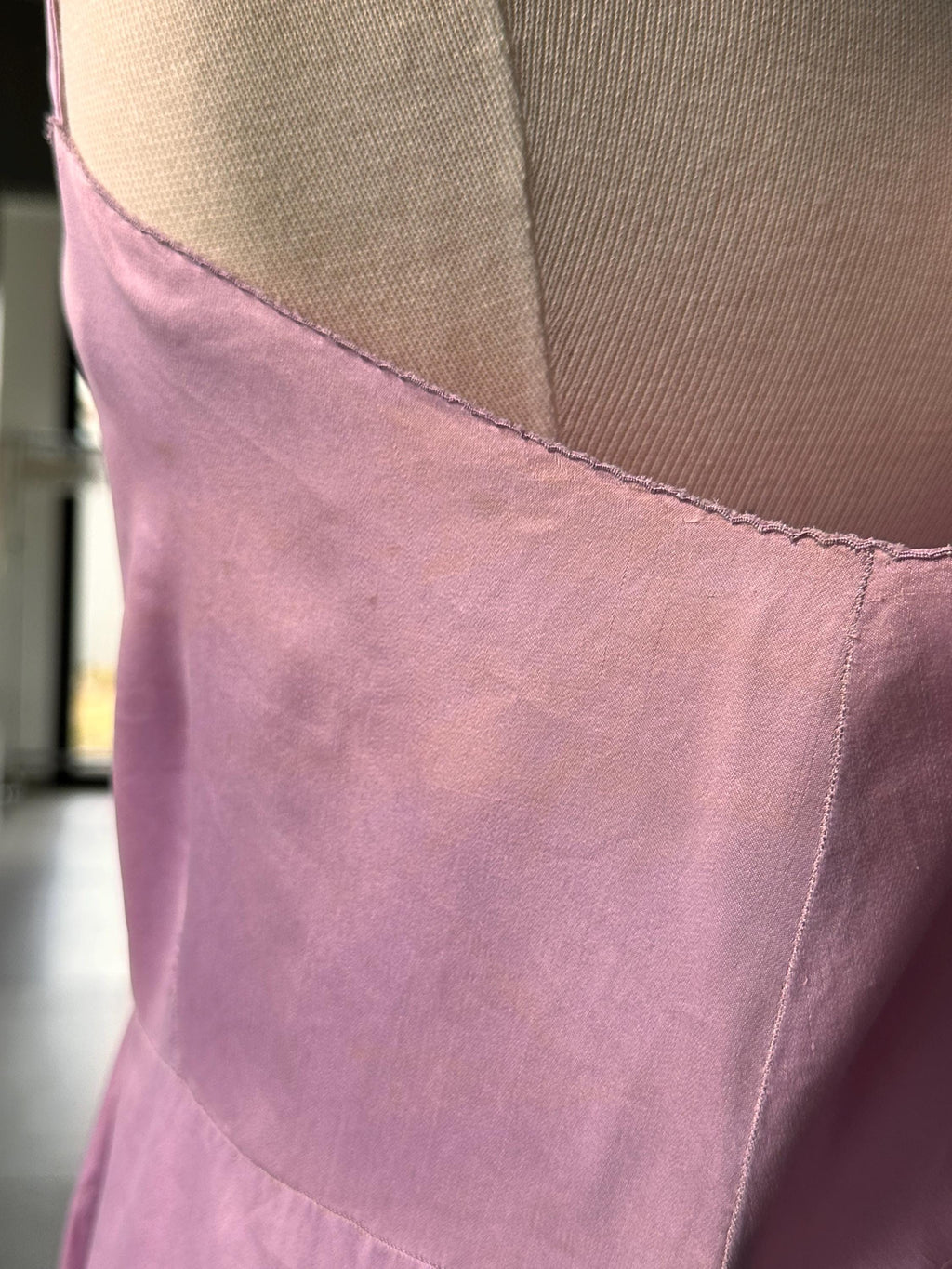 Large size. Antique 1930s Lilac Silk Slip – Authentic Lace embroidery Inset Bias-Cut