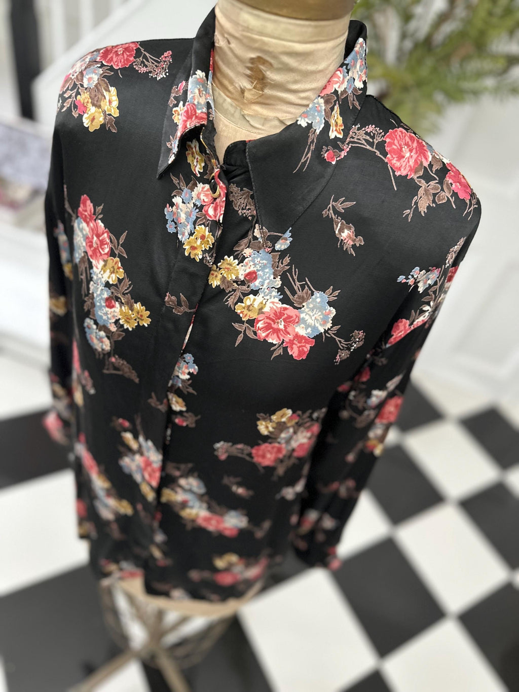 1980s Satin Black Floral Long Sleeve Blouse Vintage Chic