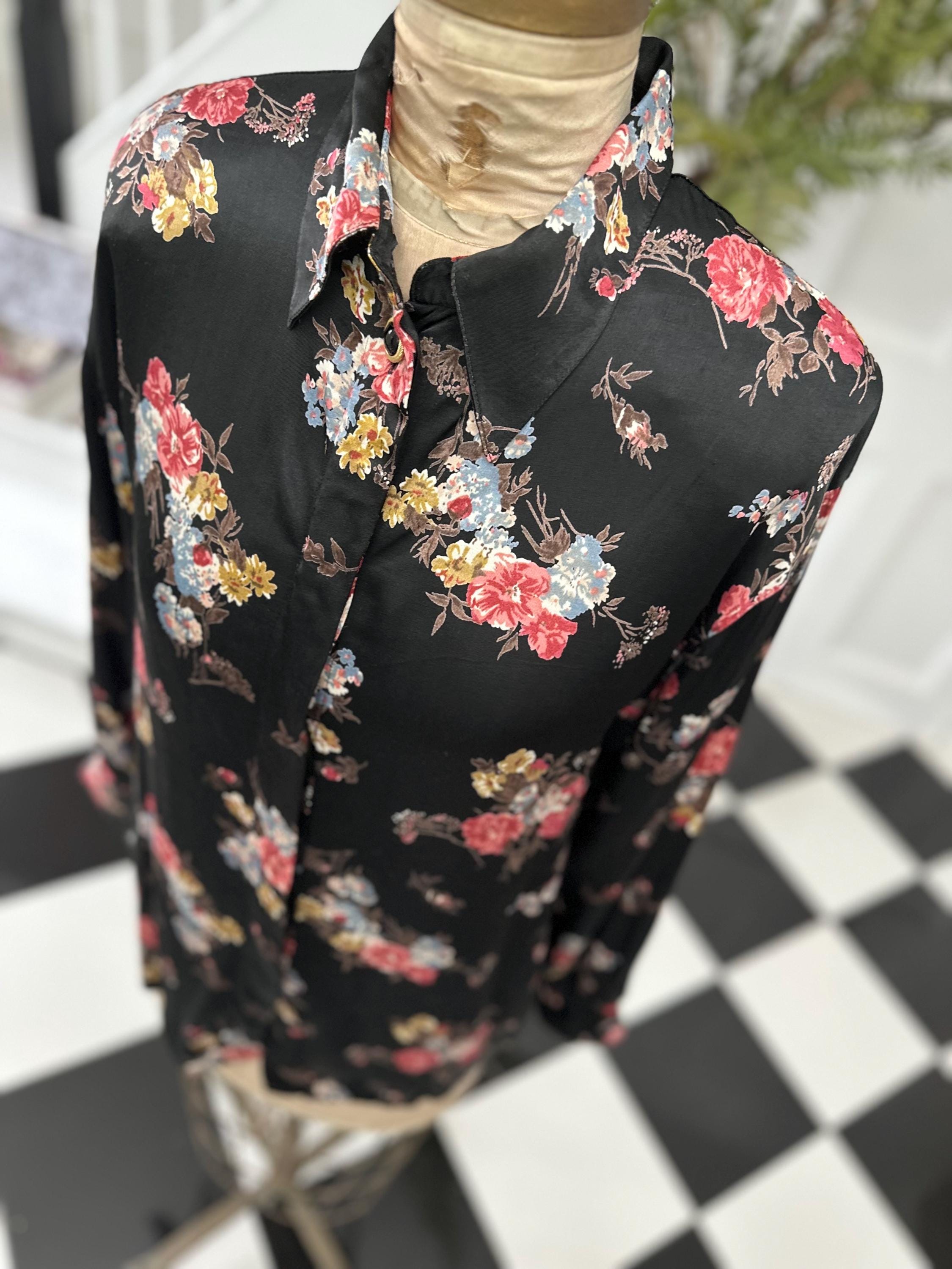 1980s Satin Black Floral Long Sleeve Blouse Vintage Chic