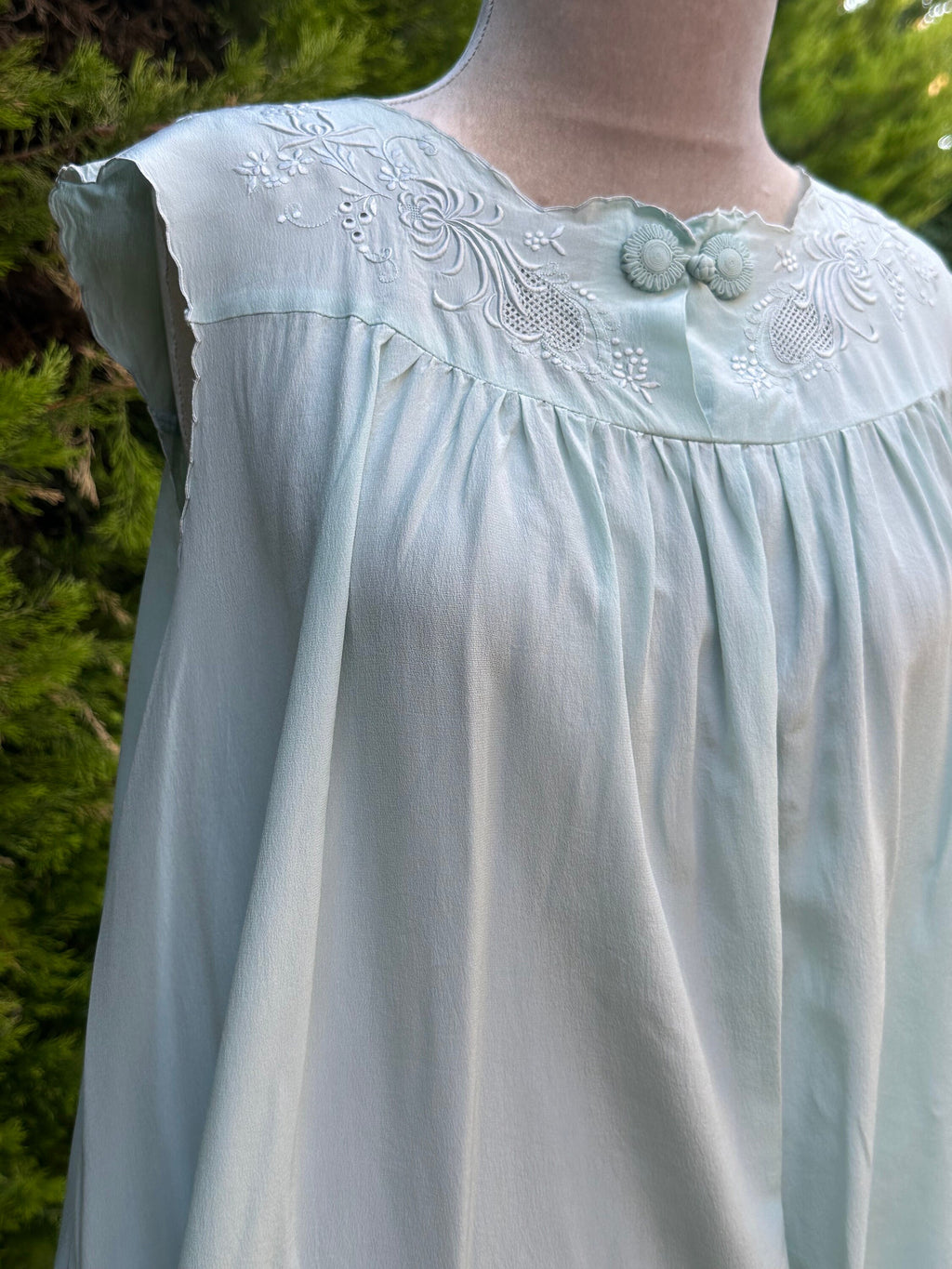 Vintage 1950s seafoam green silk smock slip  hand embroidered slip