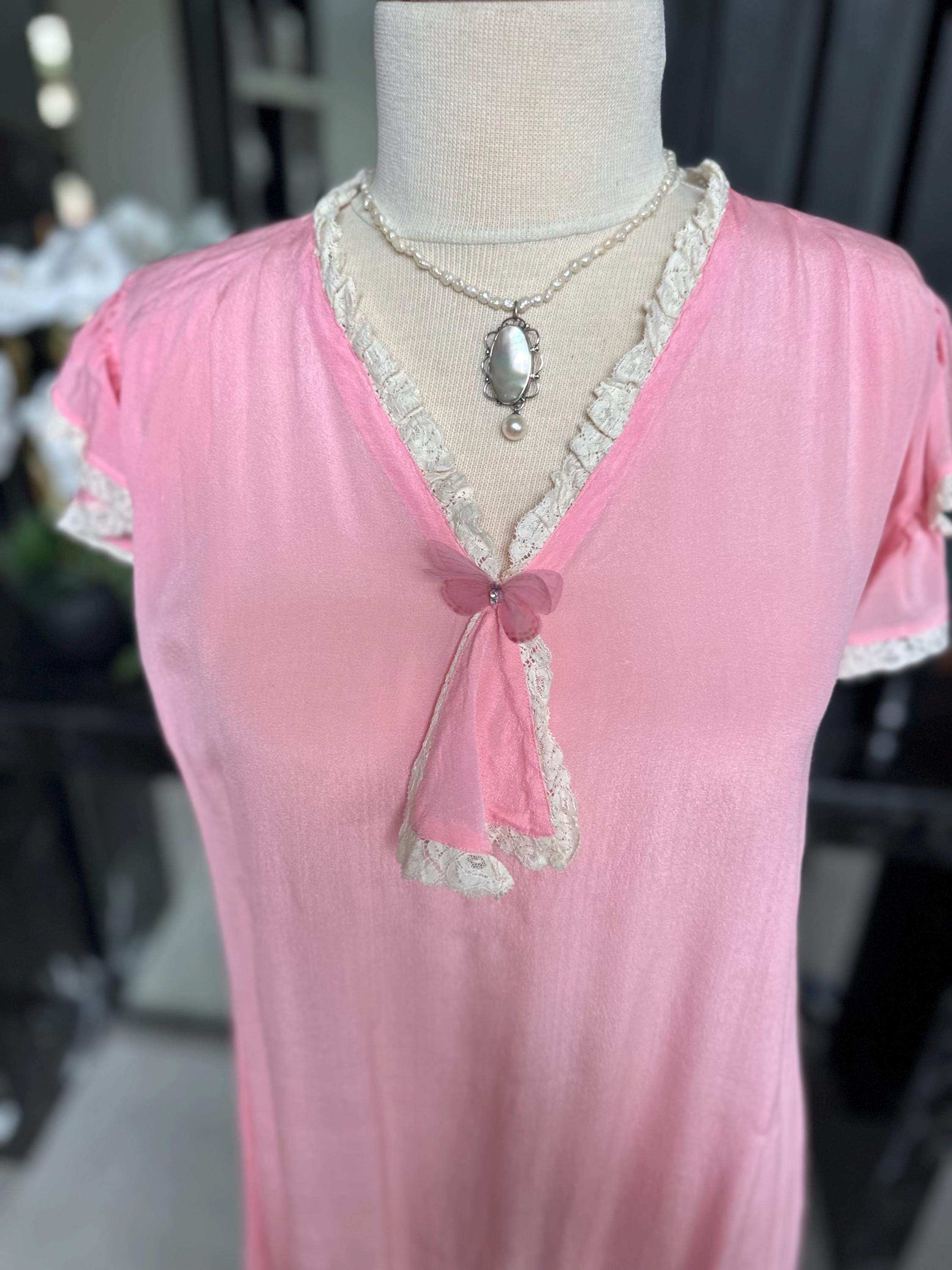 1930s Pink Silk Gown | Lace Ruffle Sleeve Slip, Antique Crepe Nightgown