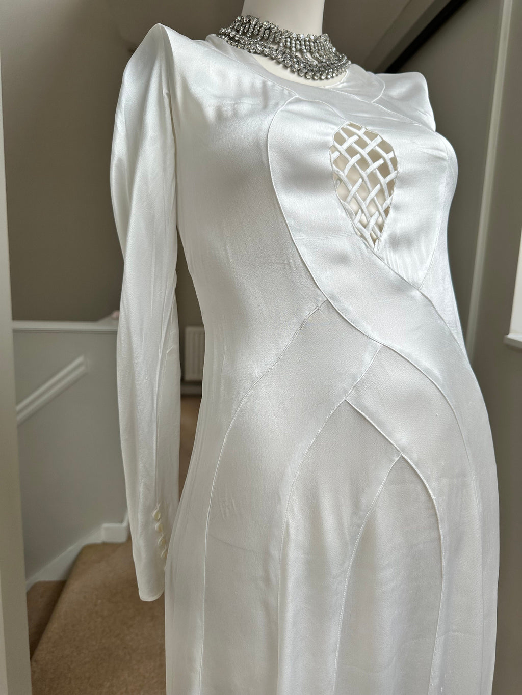 1930s white satin bias cut wedding dress