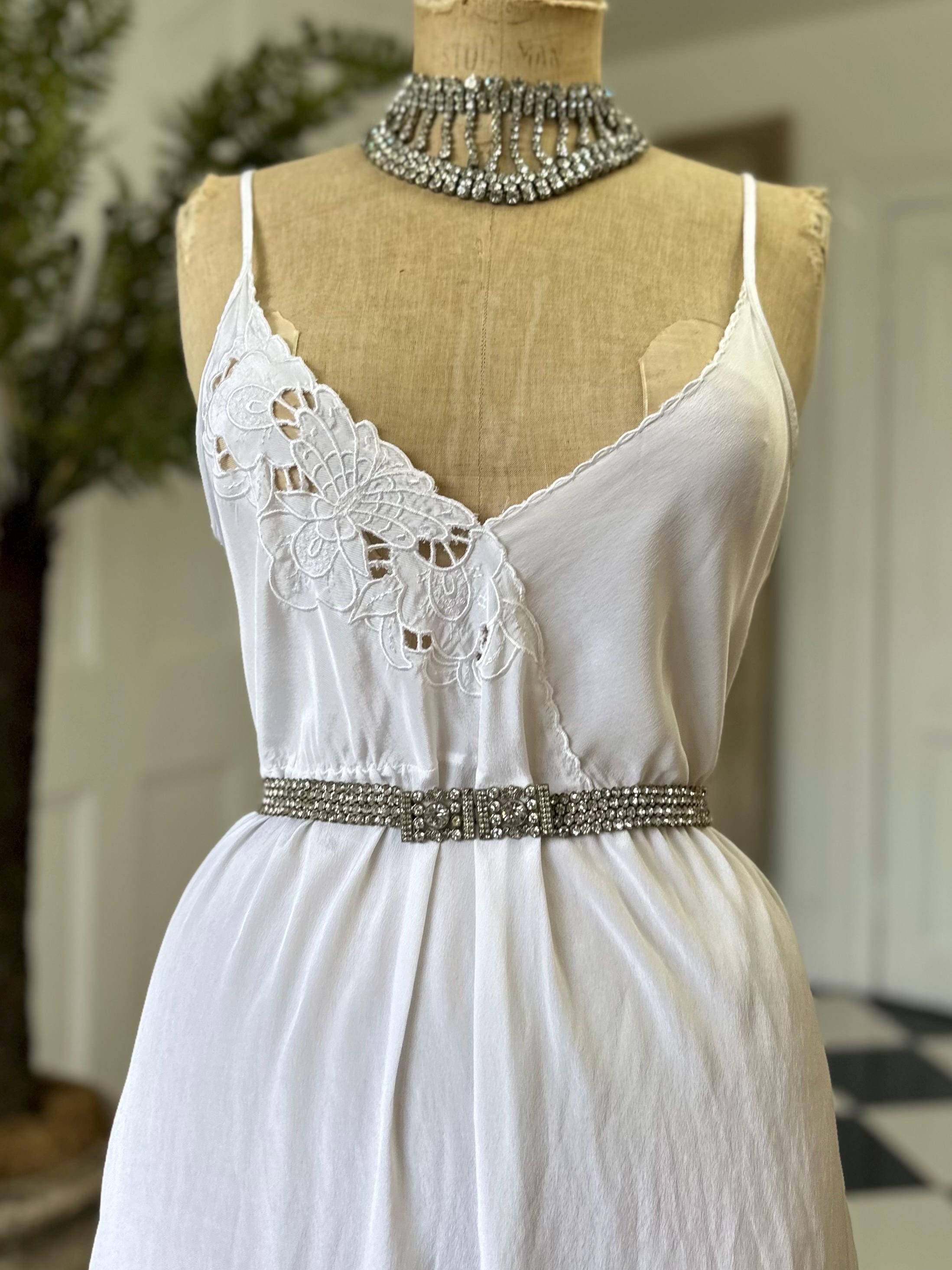 Vintage Long White Silk Slip with Lace Detailing