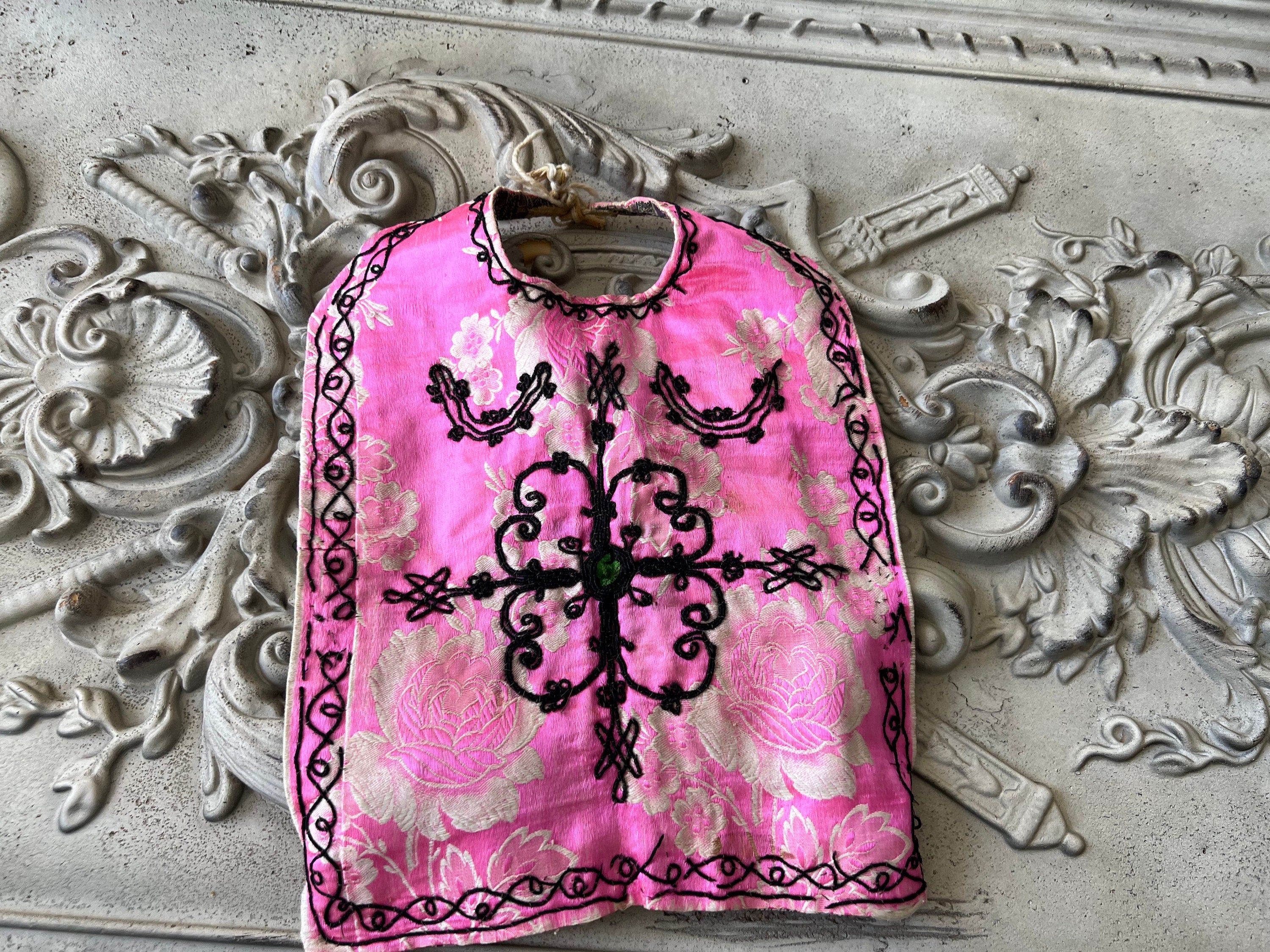 Antique Ottoman pink silk baby bib with embroidery