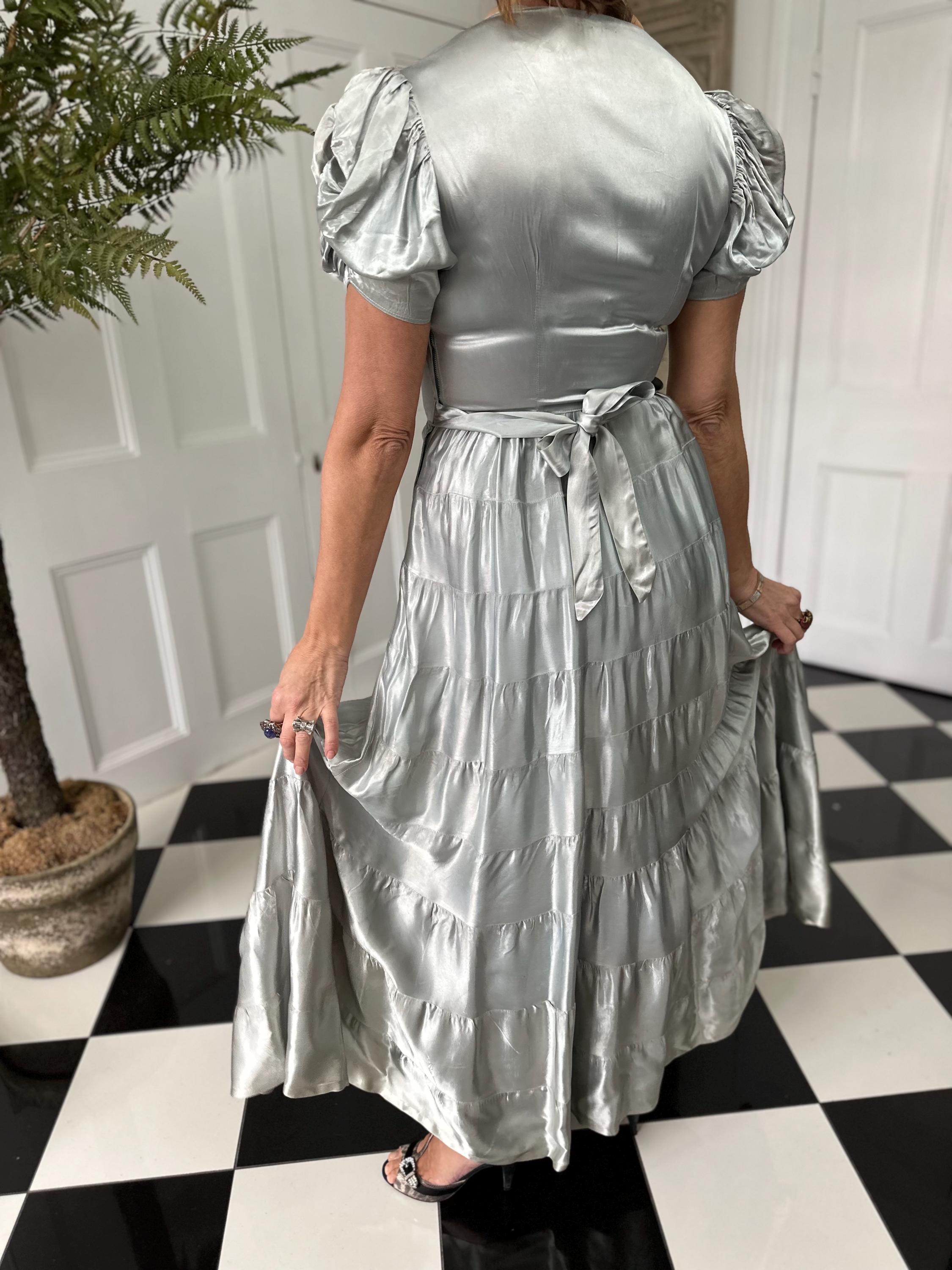 1930s long satin grey evening gown dress