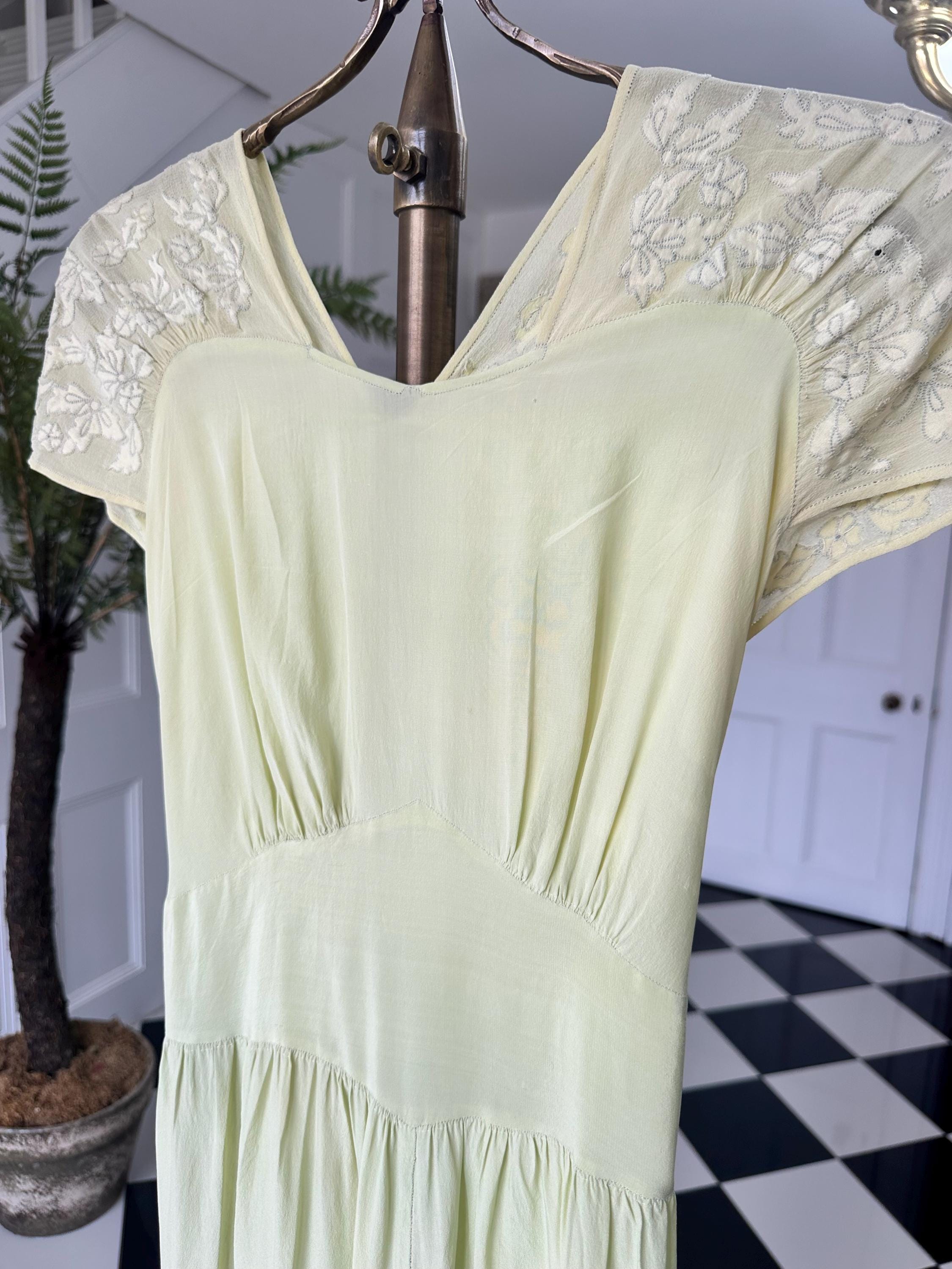 1940s Vintage Silk  Hand Embroidered Dress in mint green