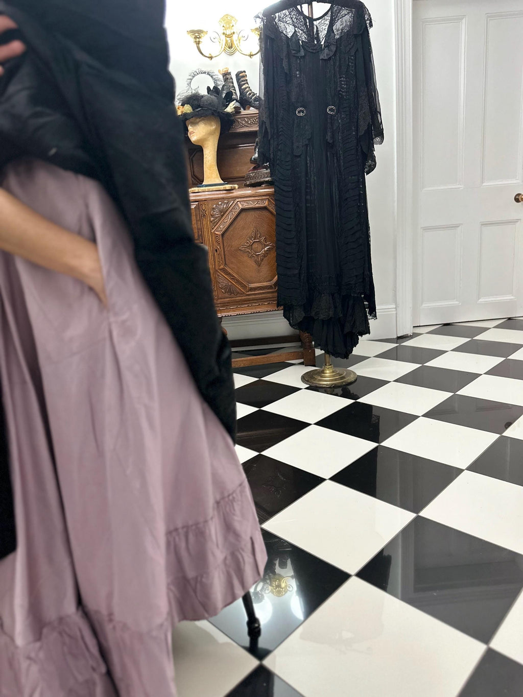 Victorian Black Silk Bodice and Skirt Set: Tape Lace Detail