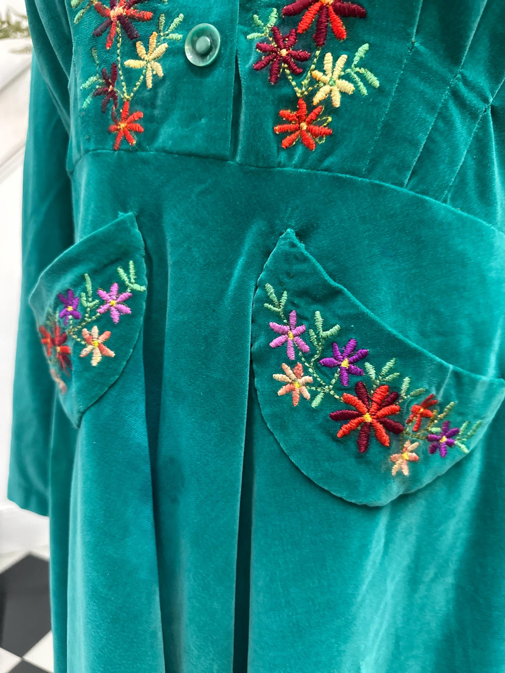 1940s velvet long sleeve dress with hand embroidery details