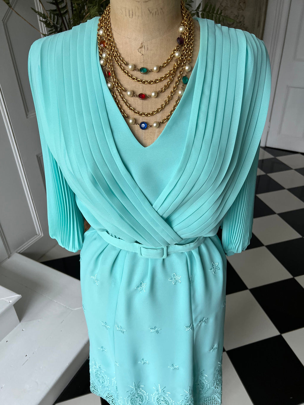 1980s Turquoise Pleated Dress: Vintage Embroidered Hem