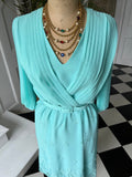 1980s Turquoise Pleated Dress: Vintage Embroidered Hem